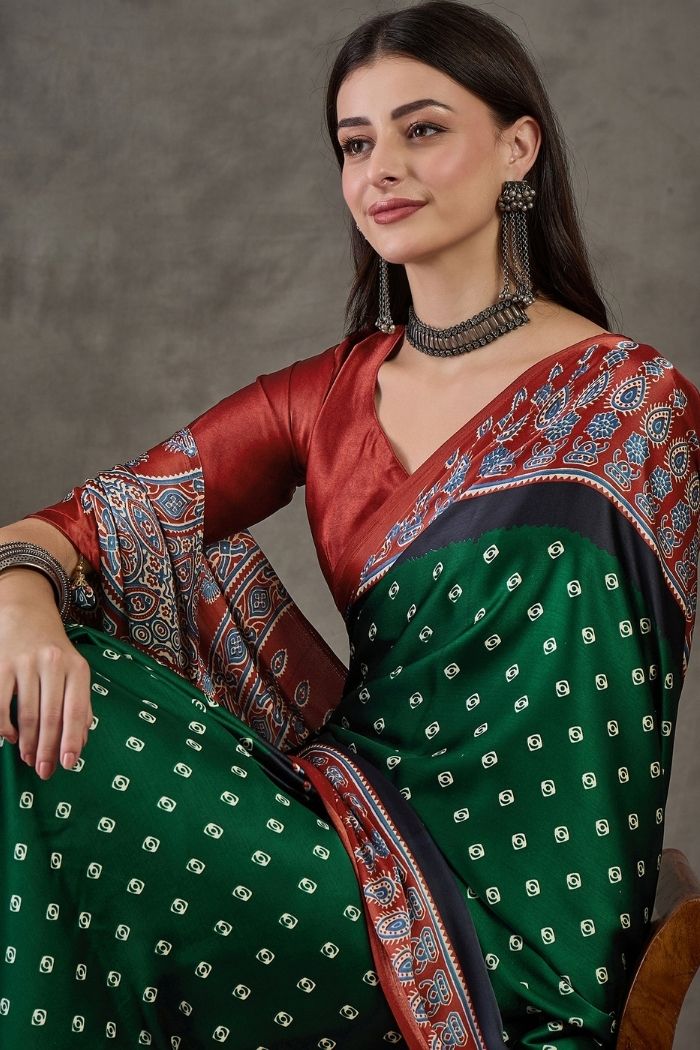 Buy MySilkLove Bottle Green Ajrakh Printed Satin Gaji Silk Saree Online