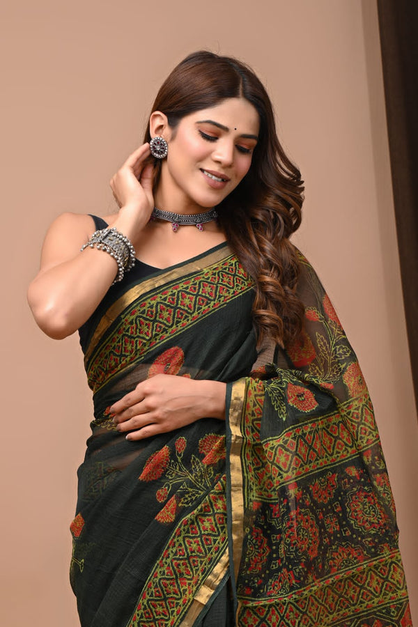 Outer Space Black Handblock Kota Doriya Saree