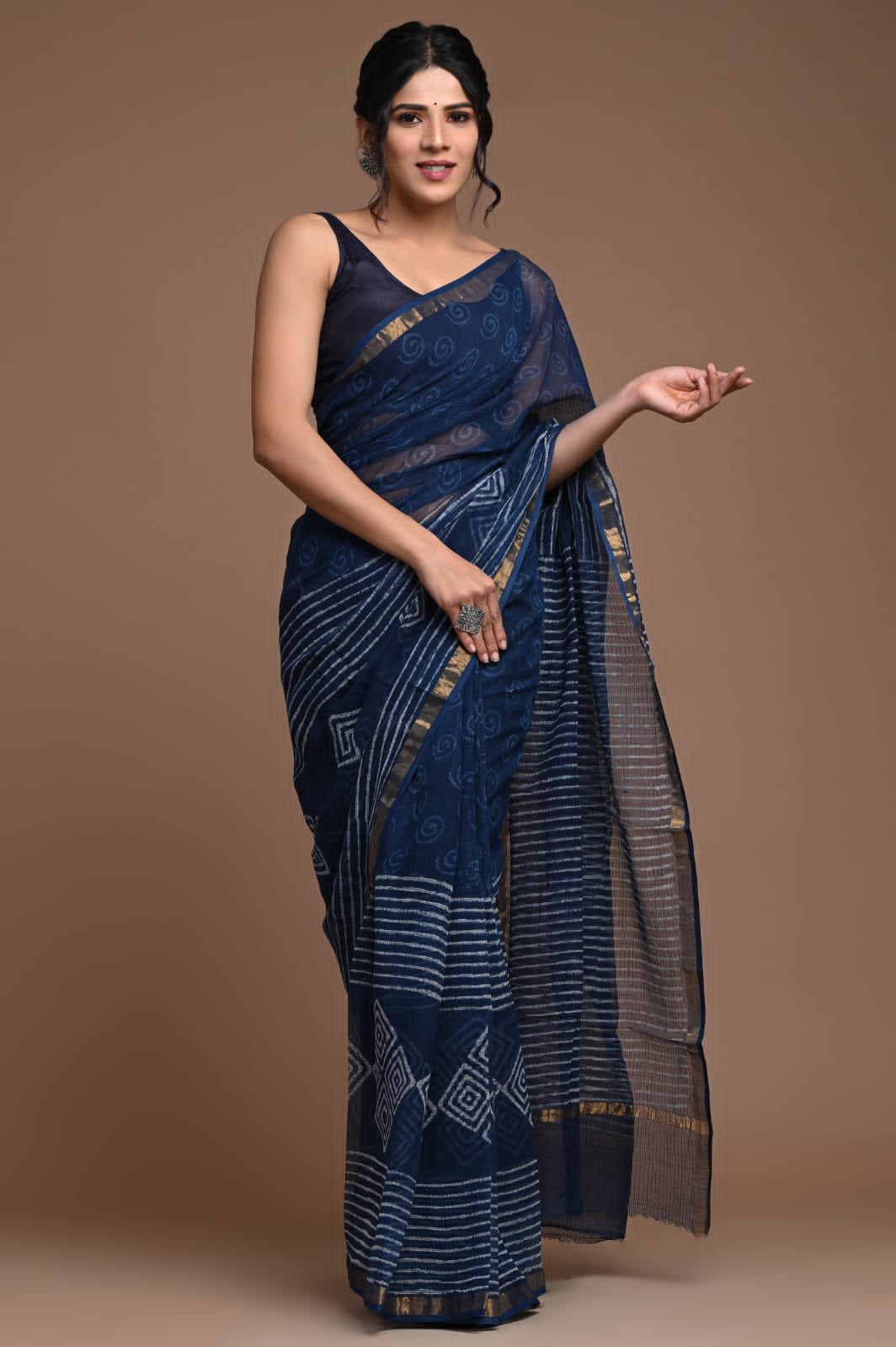 Buy MySilkLove Charade Blue Handblock Kota Doriya Saree Online