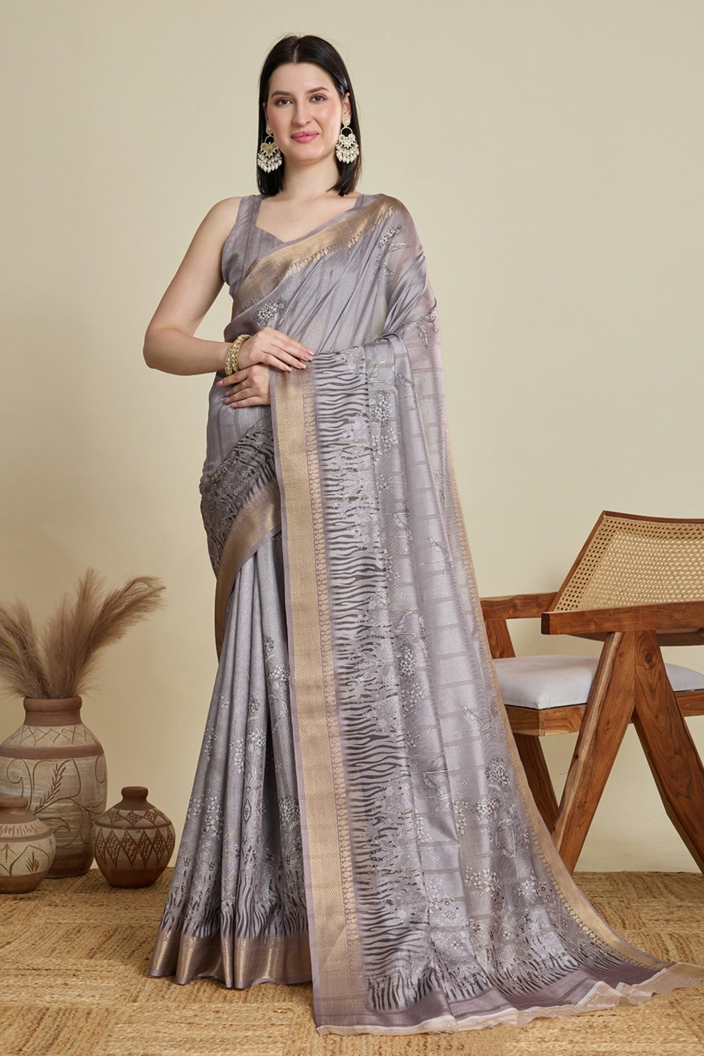 Buy MySilkLove British Grey Woven Cotton Saree Online