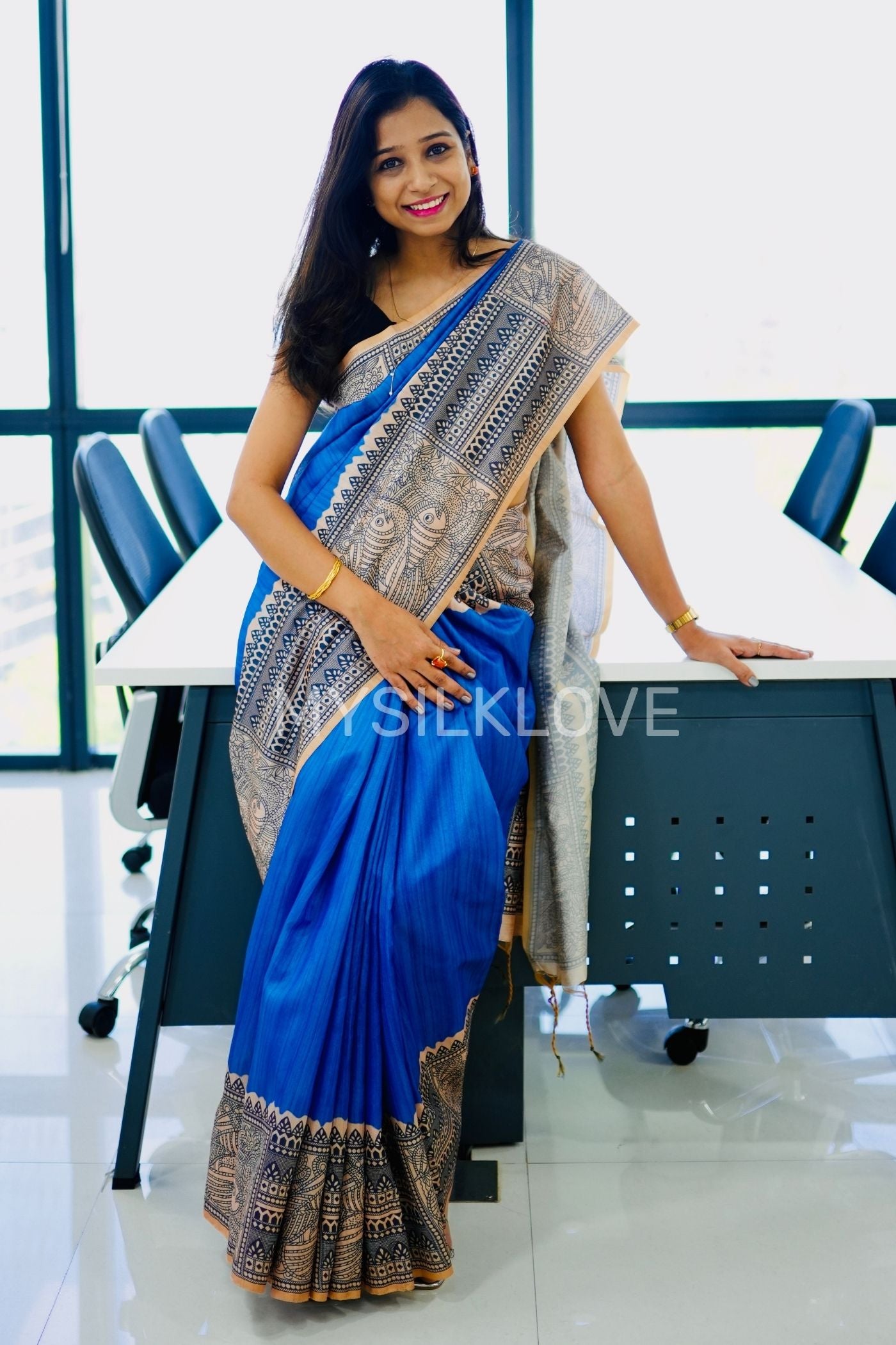 MySilkLove Water Blue Madhubani Printed Silk Saree Without Blouse