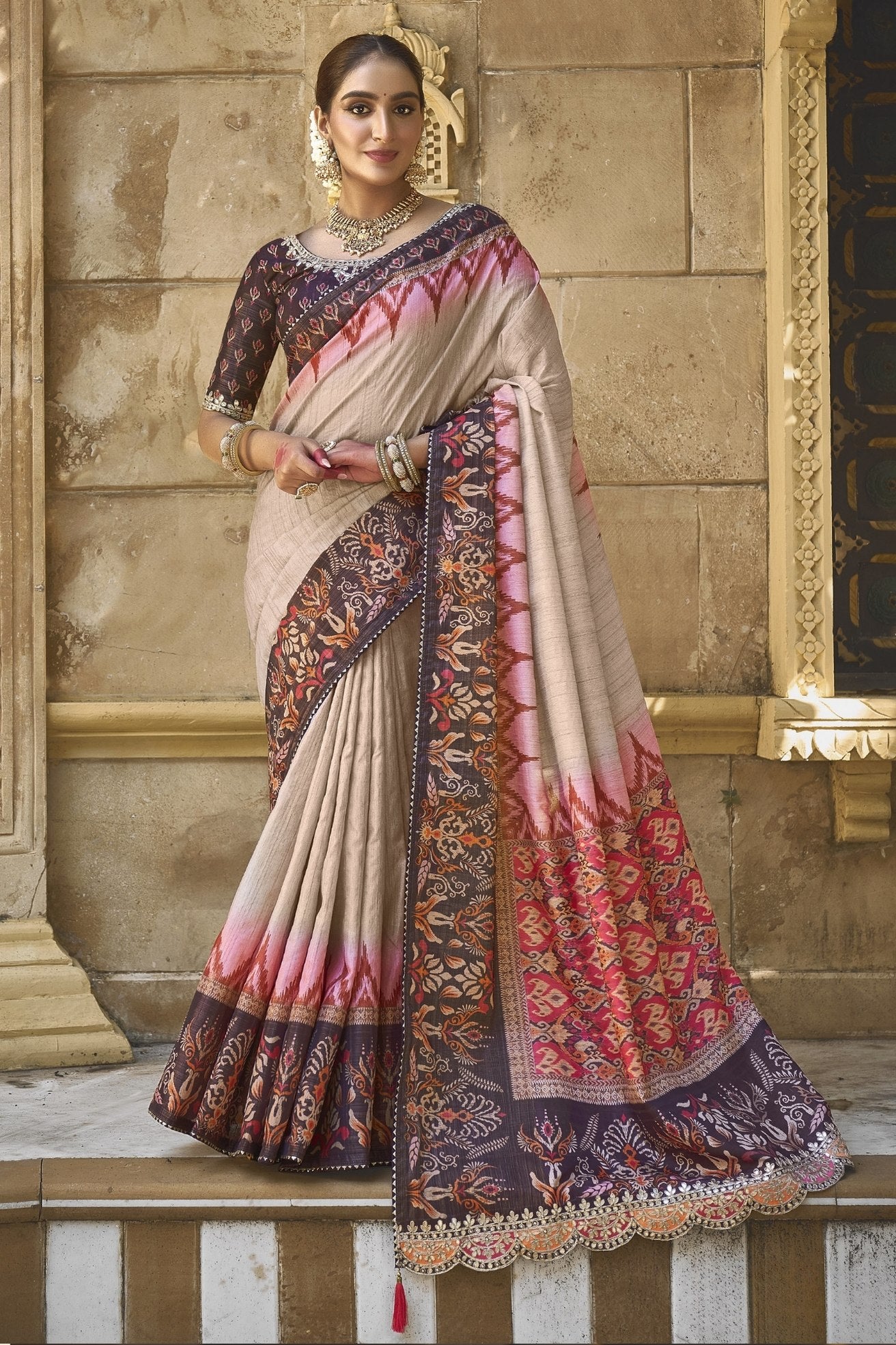 Buy MySilkLove Bone Cream And Pink Banarasi Designer Saree Online