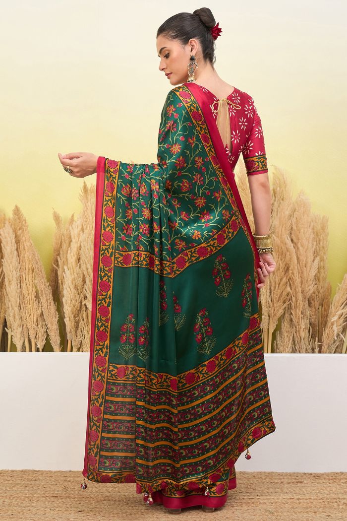 Buy MySilkLove Jungle Green and Red Modal Satin Printed Silk Saree Online