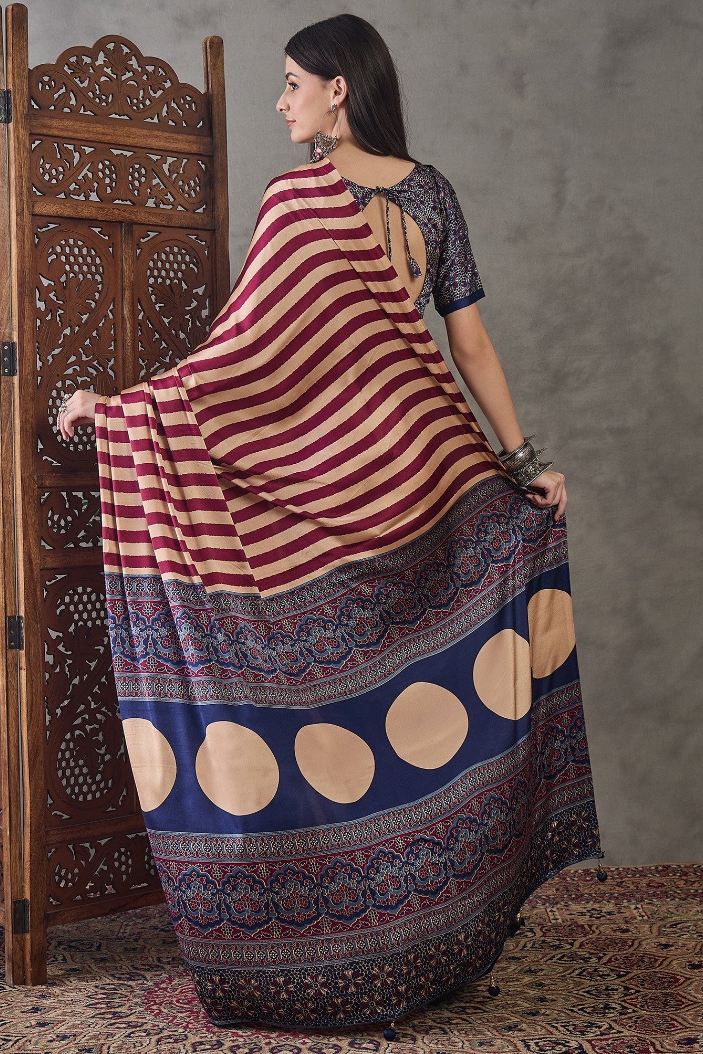 Buy MySilkLove Ruby Red Stripe Ajrakh Printed Satin Gaji Silk Saree Online