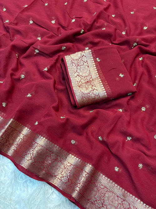 Buy MySilkLove Velvet Red Zari Woven Bidding Floral Georgette Saree Online