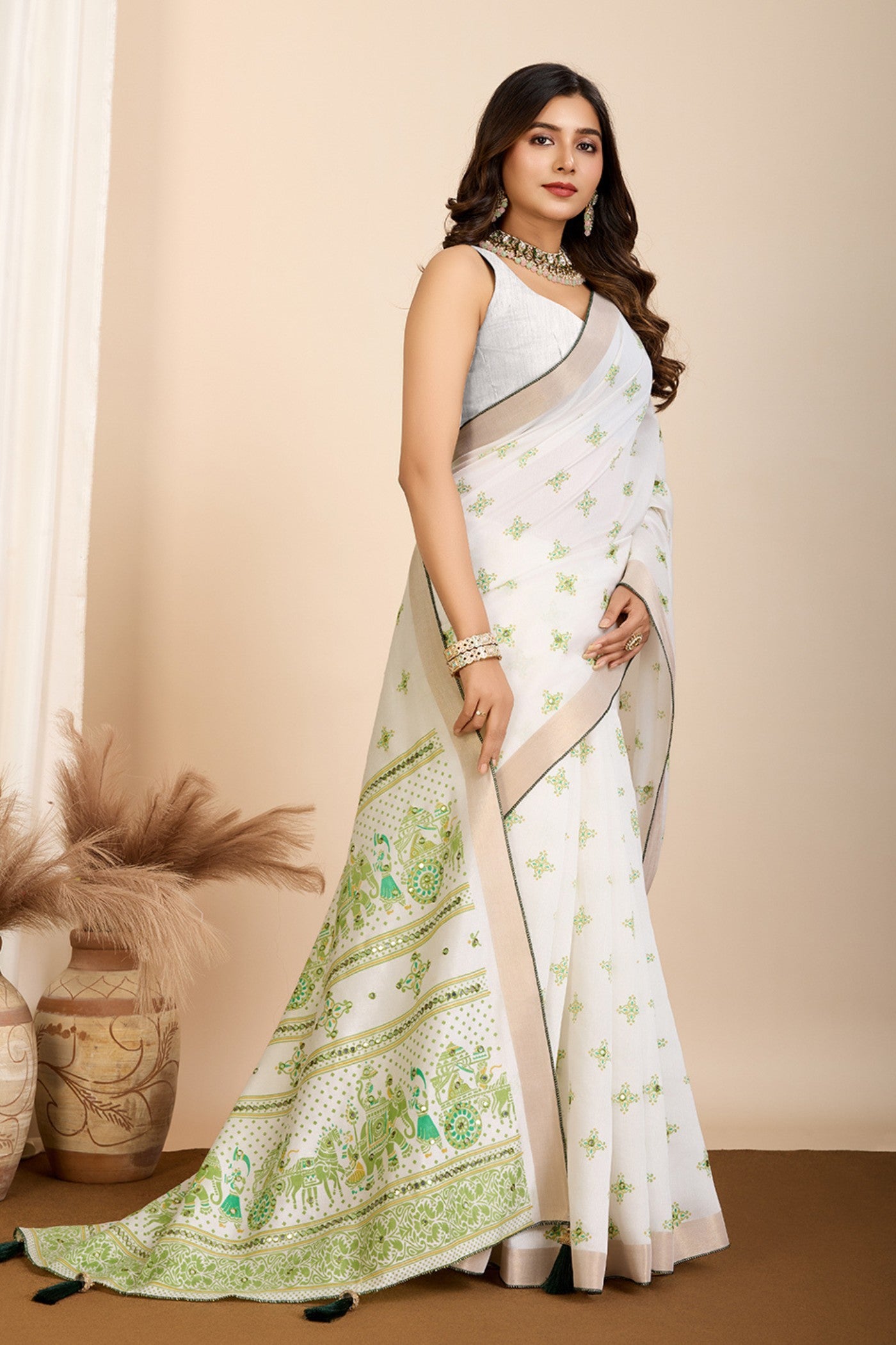 Buy MySilkLove Swiss White and Green Printed Cotton Designer Saree Online