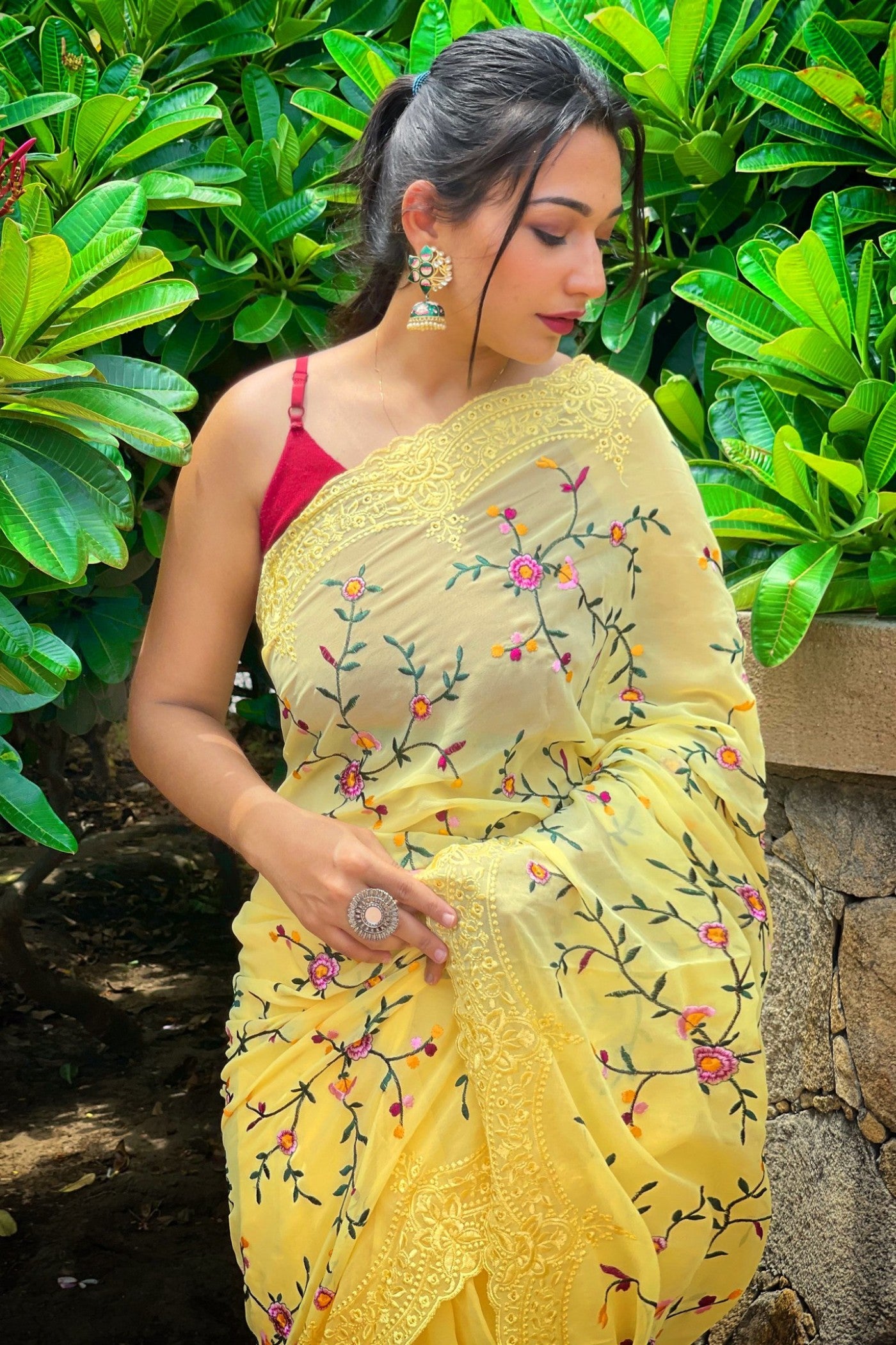 Buy MySilkLove Zest Yellow Embroidered Georgette Saree Online