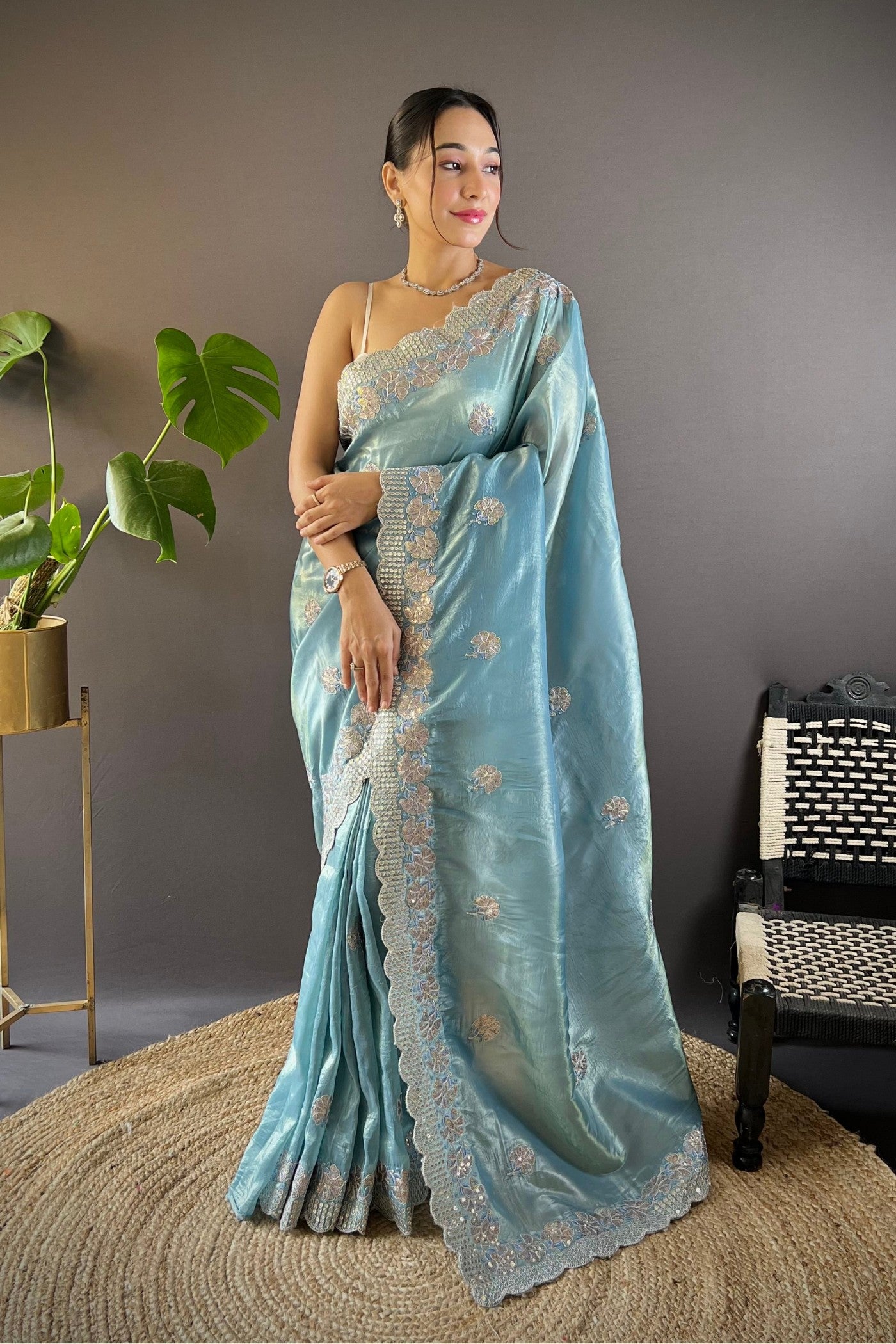 Buy MySilkLove Gothic Blue Embroidered Party Wear Saree Online