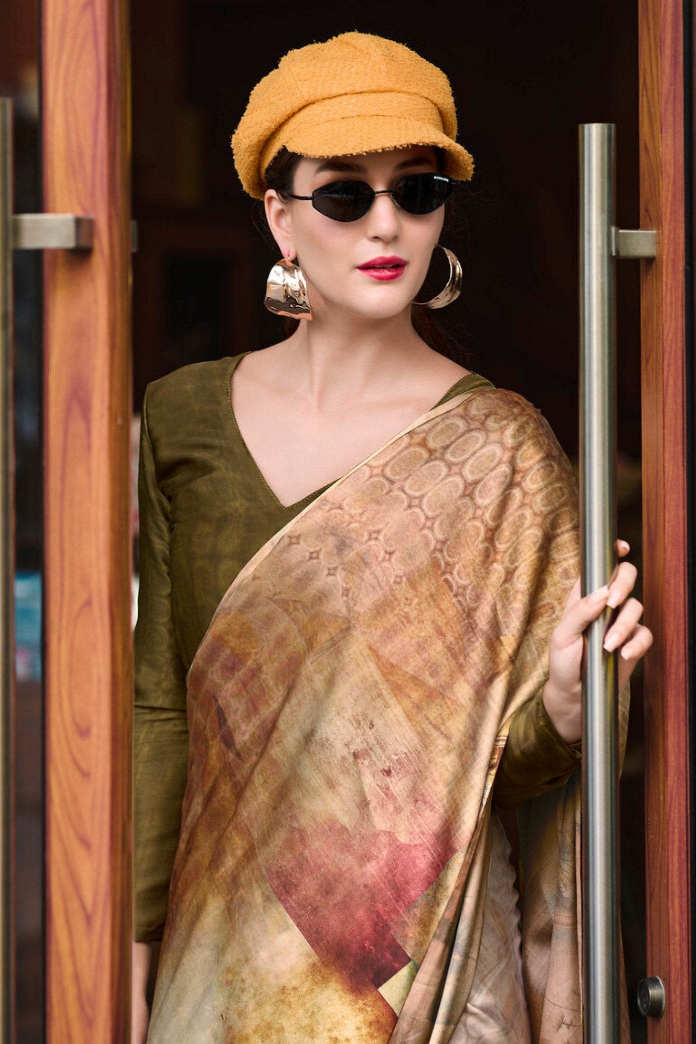 Buy MySilkLove Teak Brown Printed Satin Crepe Silk Saree Online