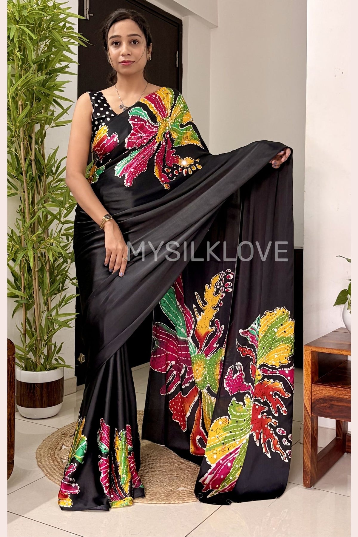 Buy MySilkLove Midnight Black Bloom Floral Partywear Satin Silk Saree Online