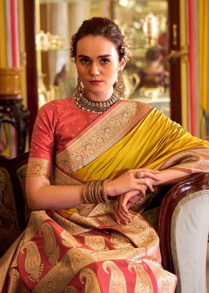 MySilkLove Citrine Yellow Woven Banarasi Soft Silk Saree