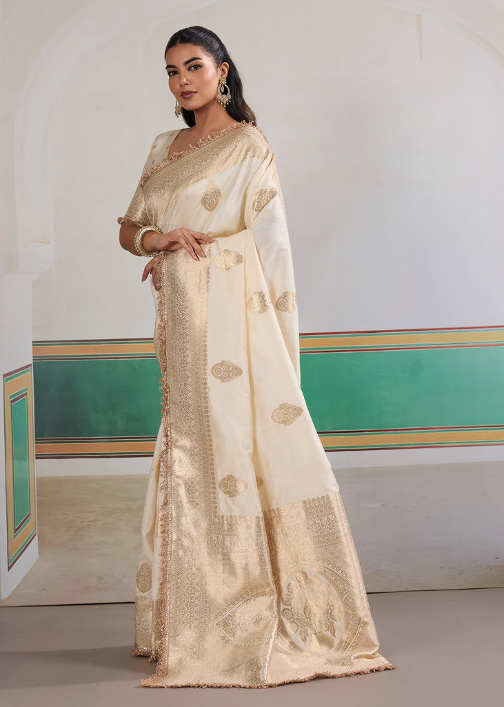 Buy MySilkLove Floral White Woven Banarasi Satin Silk Saree Online