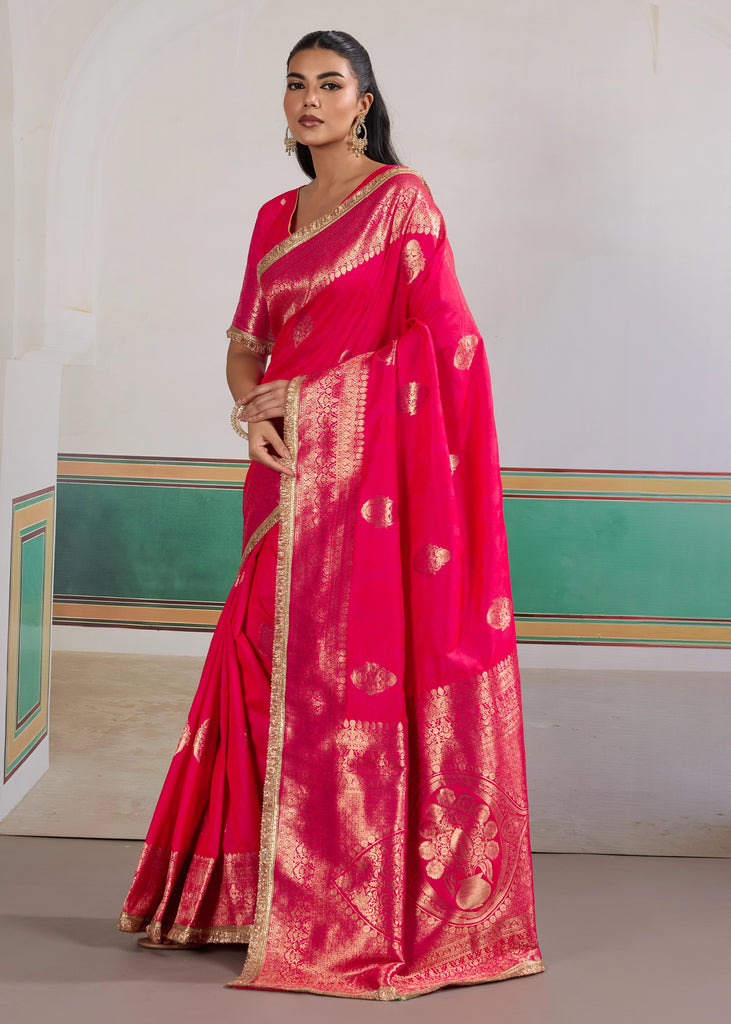 Buy MySilkLove Solid Pink Woven Banarasi Satin Silk Saree Online