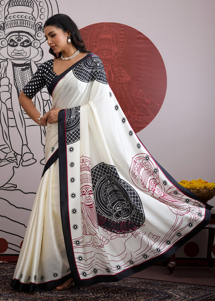 Buy MySilkLove Cool Black and White Printed Satin Crepe Silk Saree Online