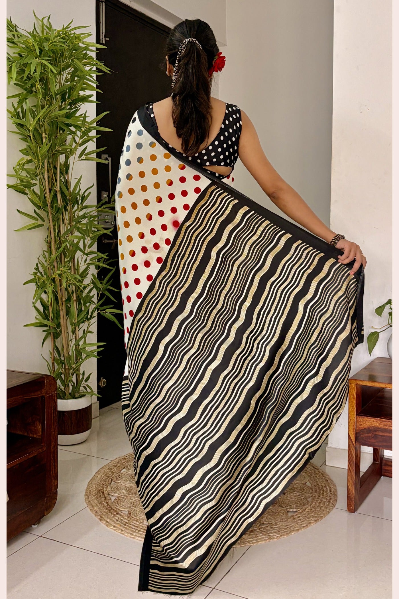 Buy MySilkLove Celestial White and Black Patola Printed Satin Crepe Saree Online
