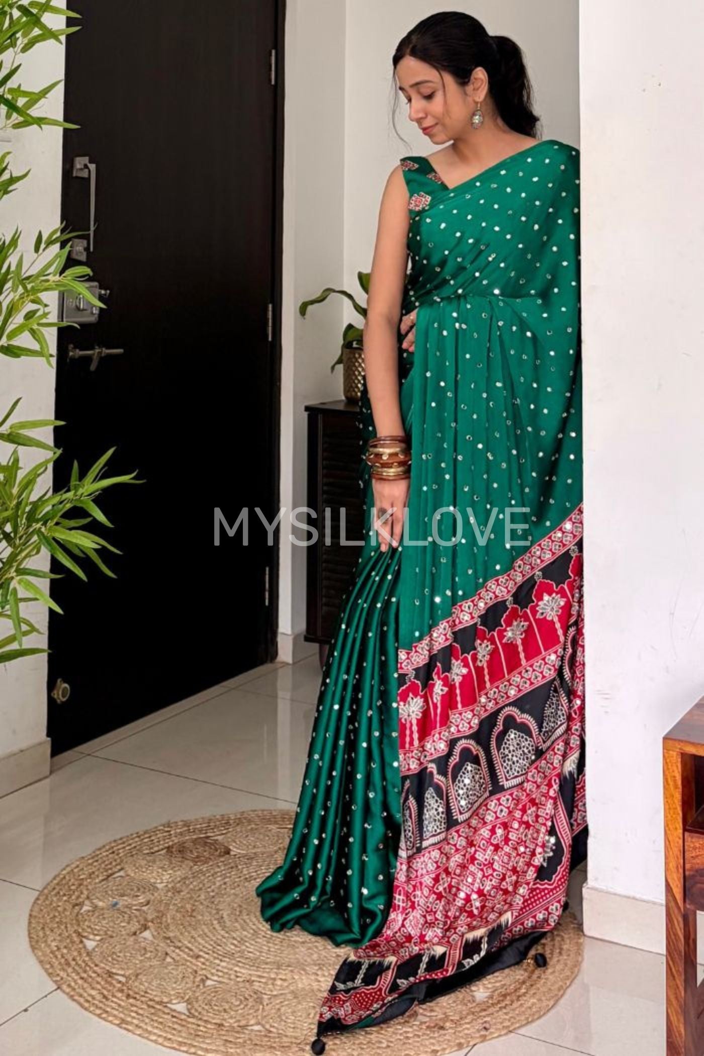 Buy MySilkLove Fire Fly Green Ajrakh Satin Printed Mirror Work Saree Online