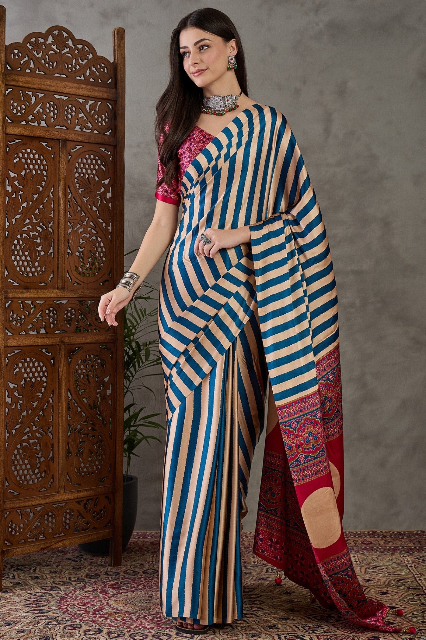 Buy MySilkLove Tuft Blue Stripe Ajrakh Printed Satin Gaji Silk Saree Online