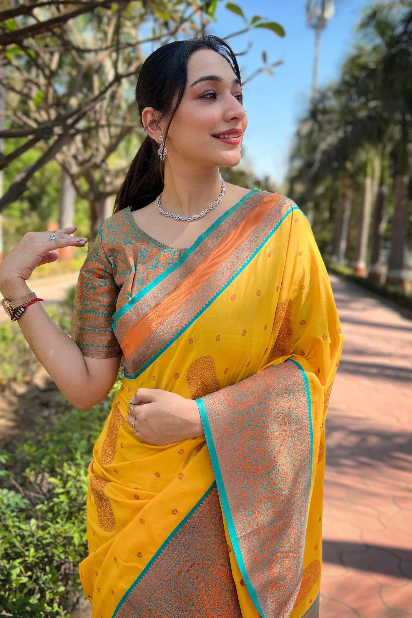 Buy MySilkLove Fuel Yellow Zari Woven Banarasi Saree Online