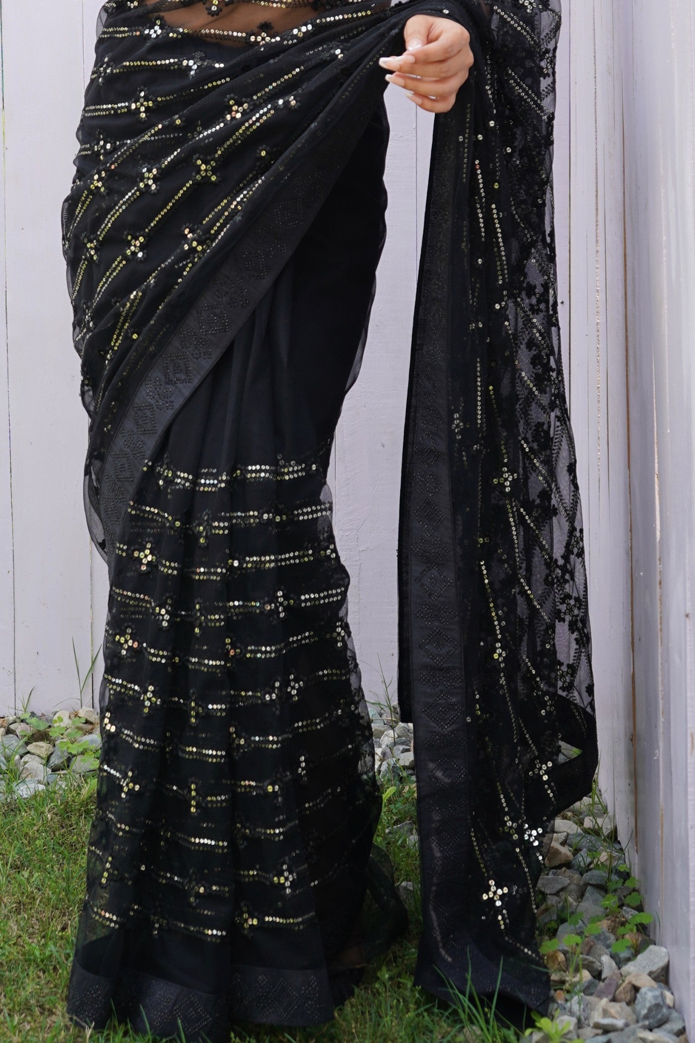 Buy MySilkLove Soot Black Embroidered Partywear Saree Online