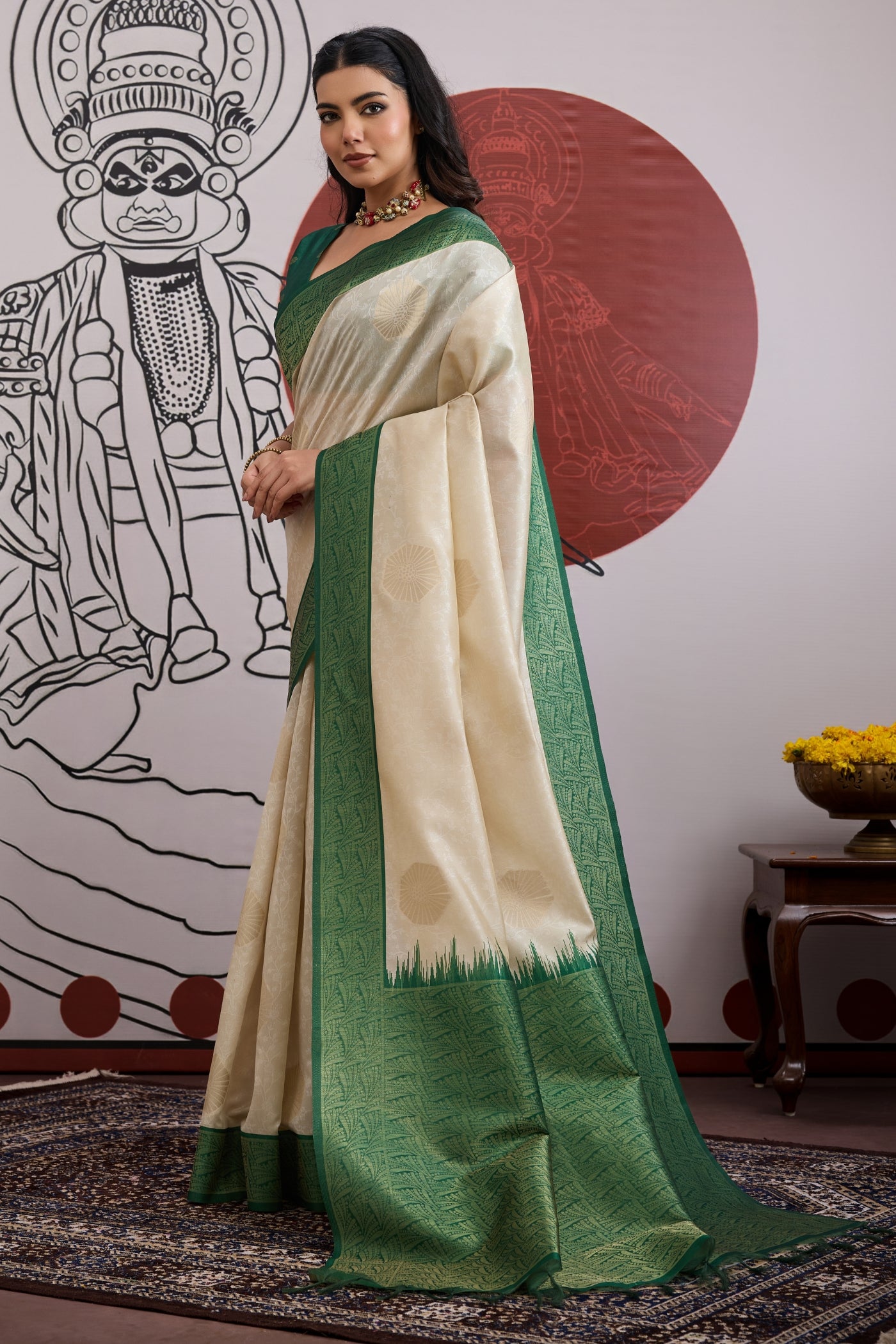 Buy MySilkLove Windsor Cream and Green Handloom South Silk Saree Online
