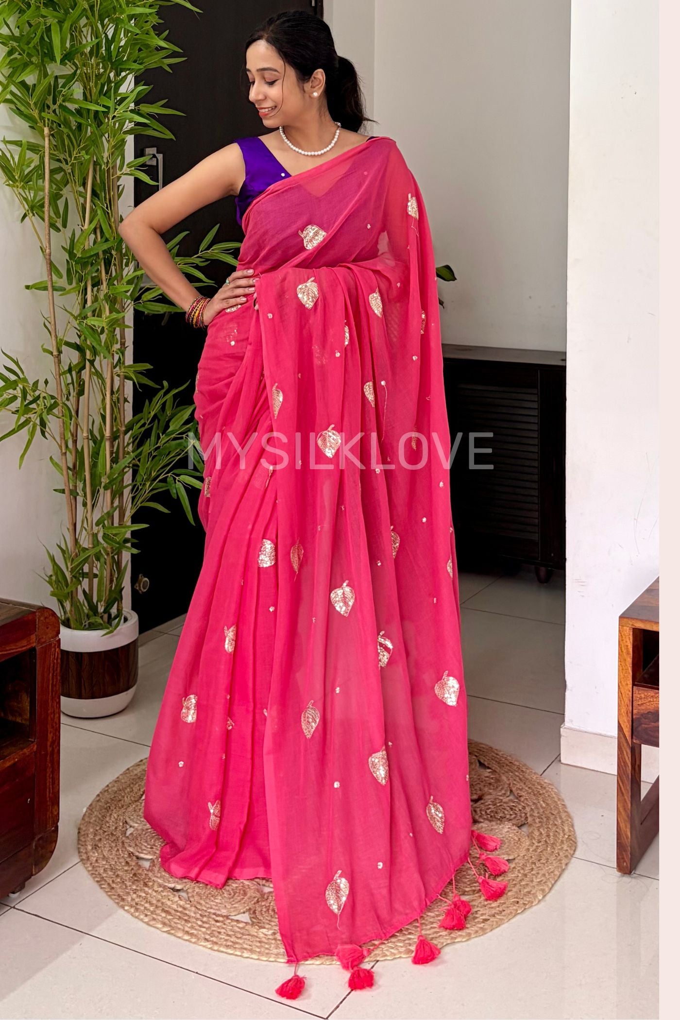 Buy MySilkLove Charm Pink Pure Mul Mul Cotton Leaf Sequin Work Saree Online