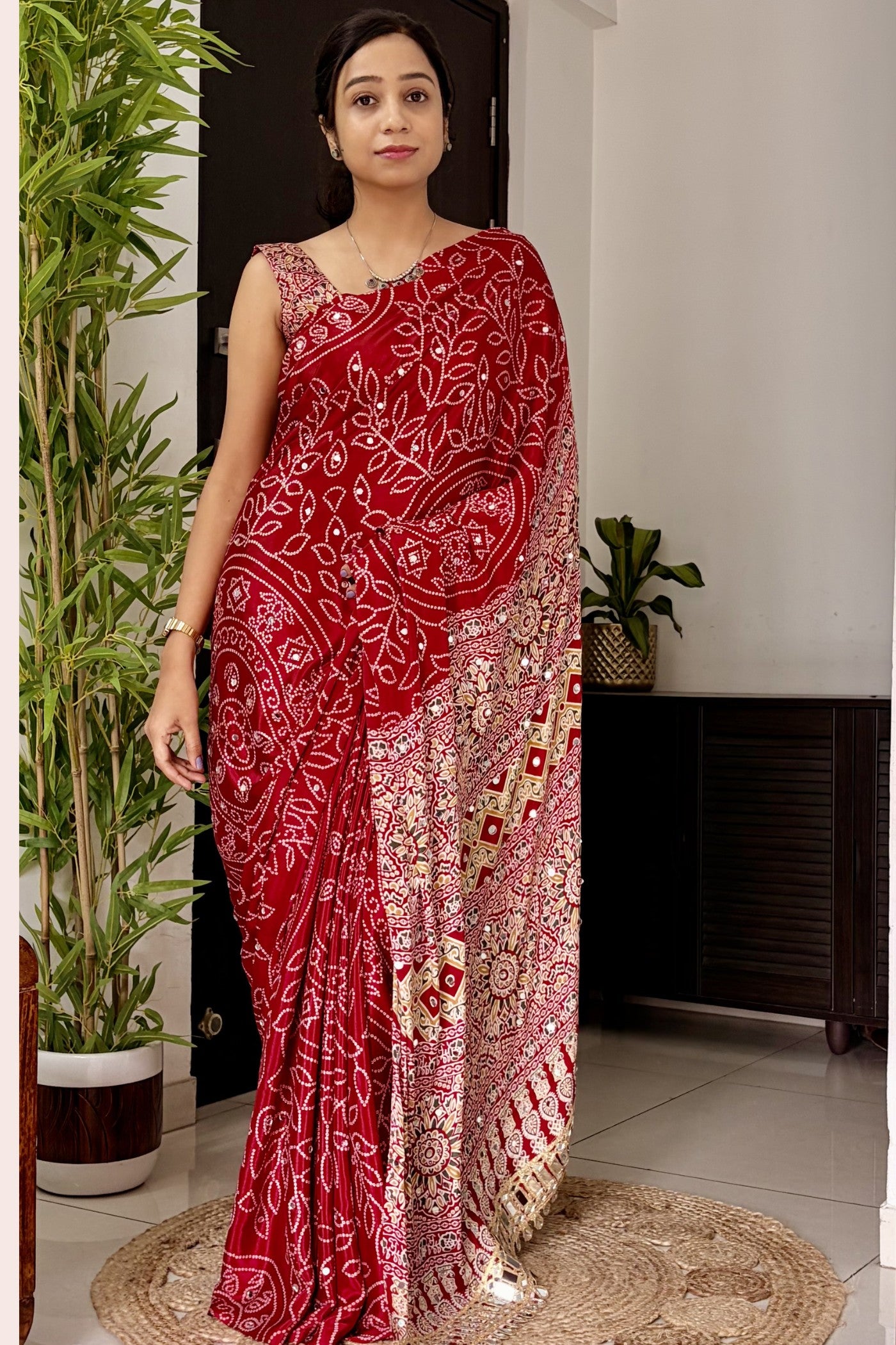 Buy MySilkLove Bittersweet Red Modal Ajrakh Satin Printed Mirror Work Saree Online