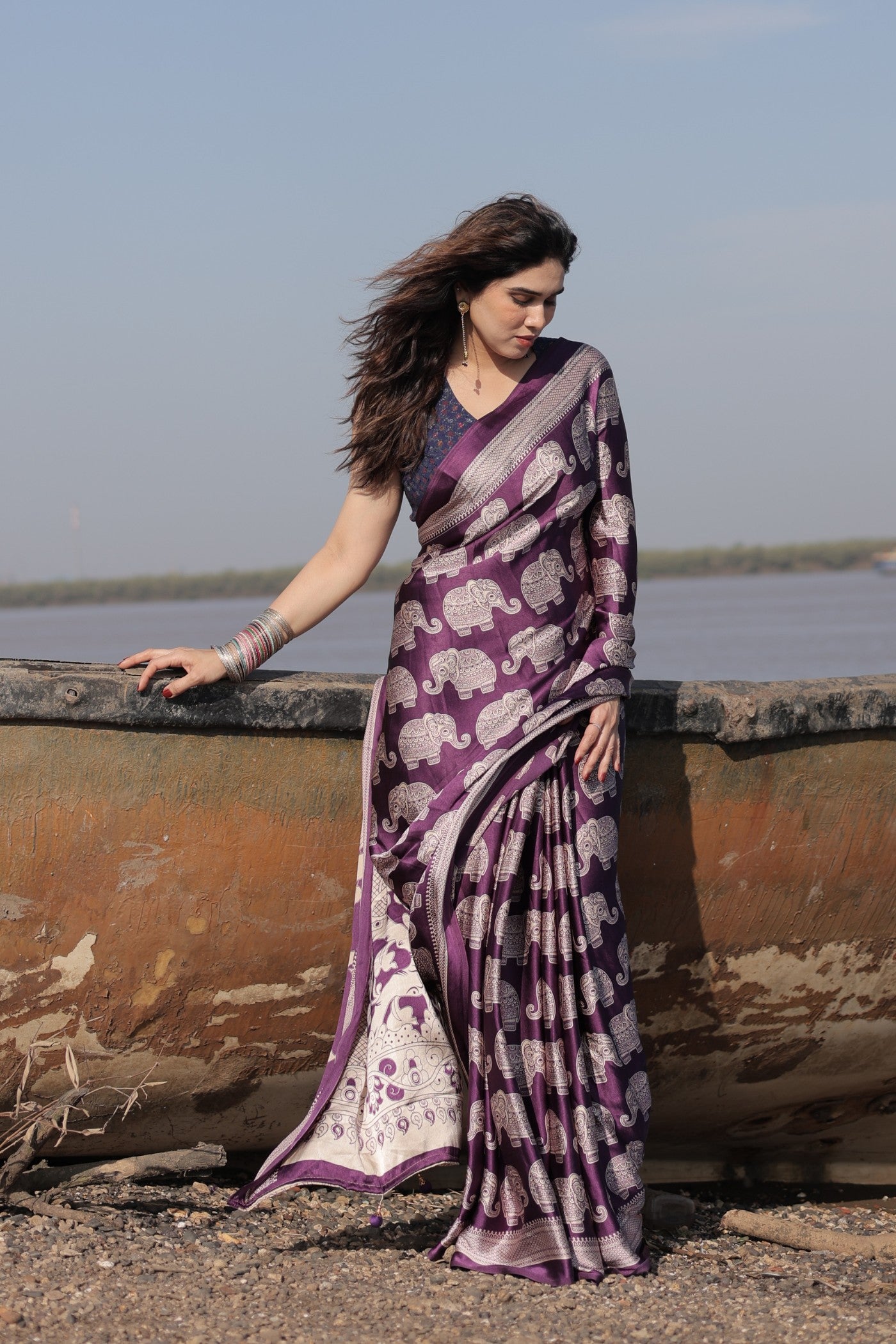 Buy MySilkLove Haze Purple Ajrakh Printed Satin Crepe Silk Saree Online