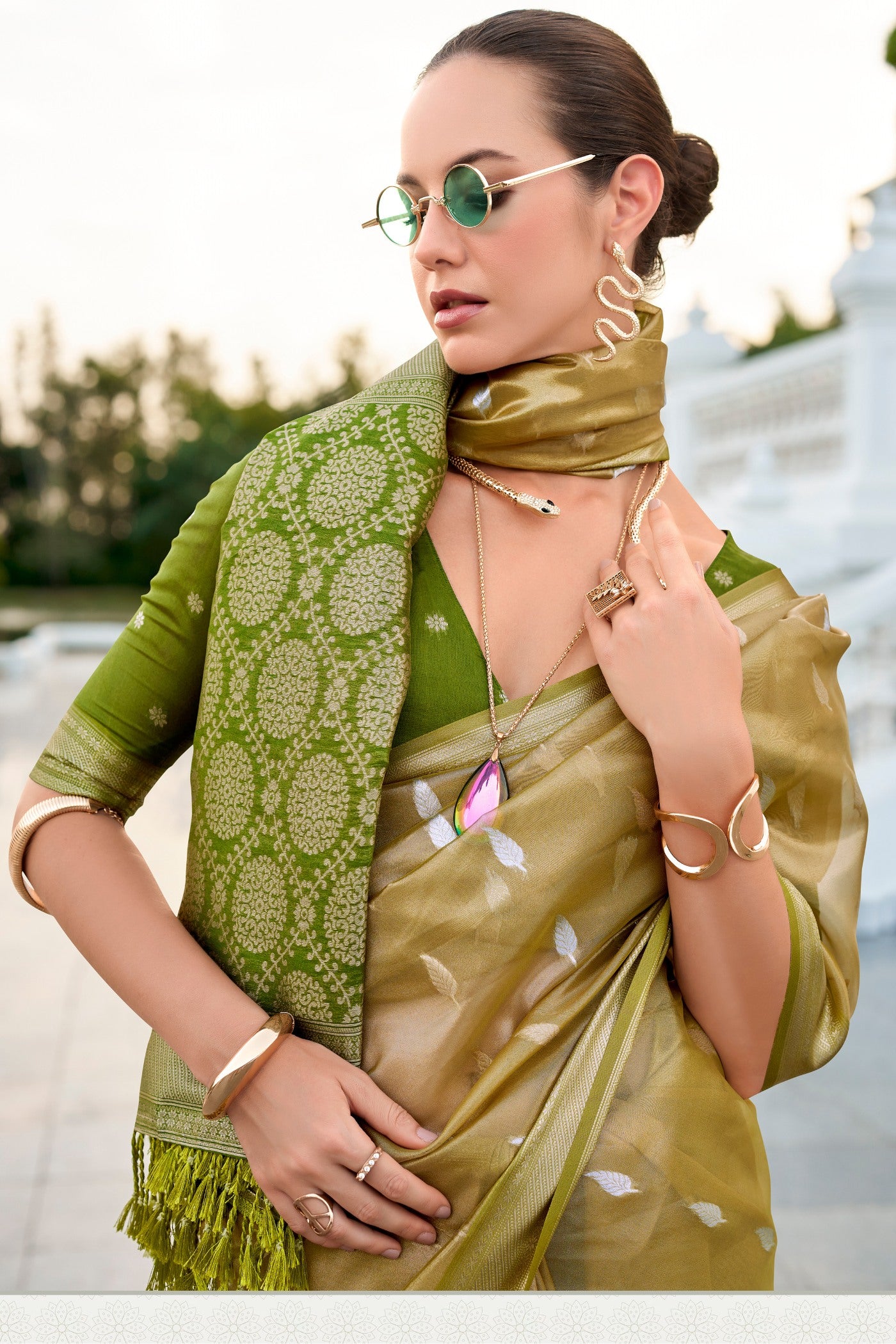 Buy MySilkLove Husk Green Tissue Silk Saree Online