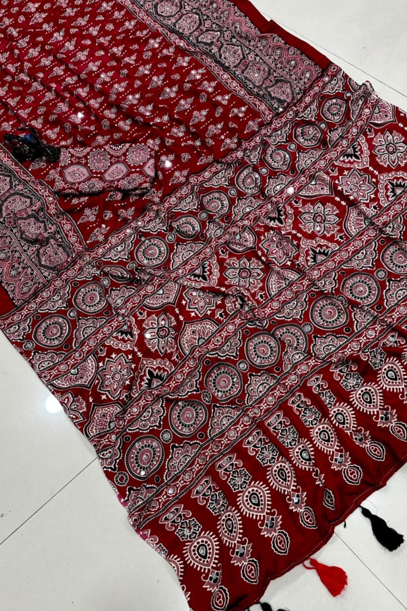 Buy MySilkLove Neutral Beige Modal Ajrakh Satin Printed Mirror Work Saree Online