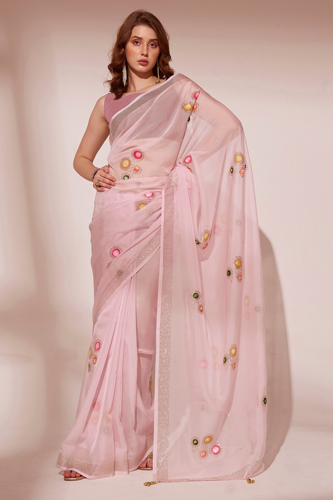 Buy MySilkLove Blossom Pink Printed Organza Saree Online