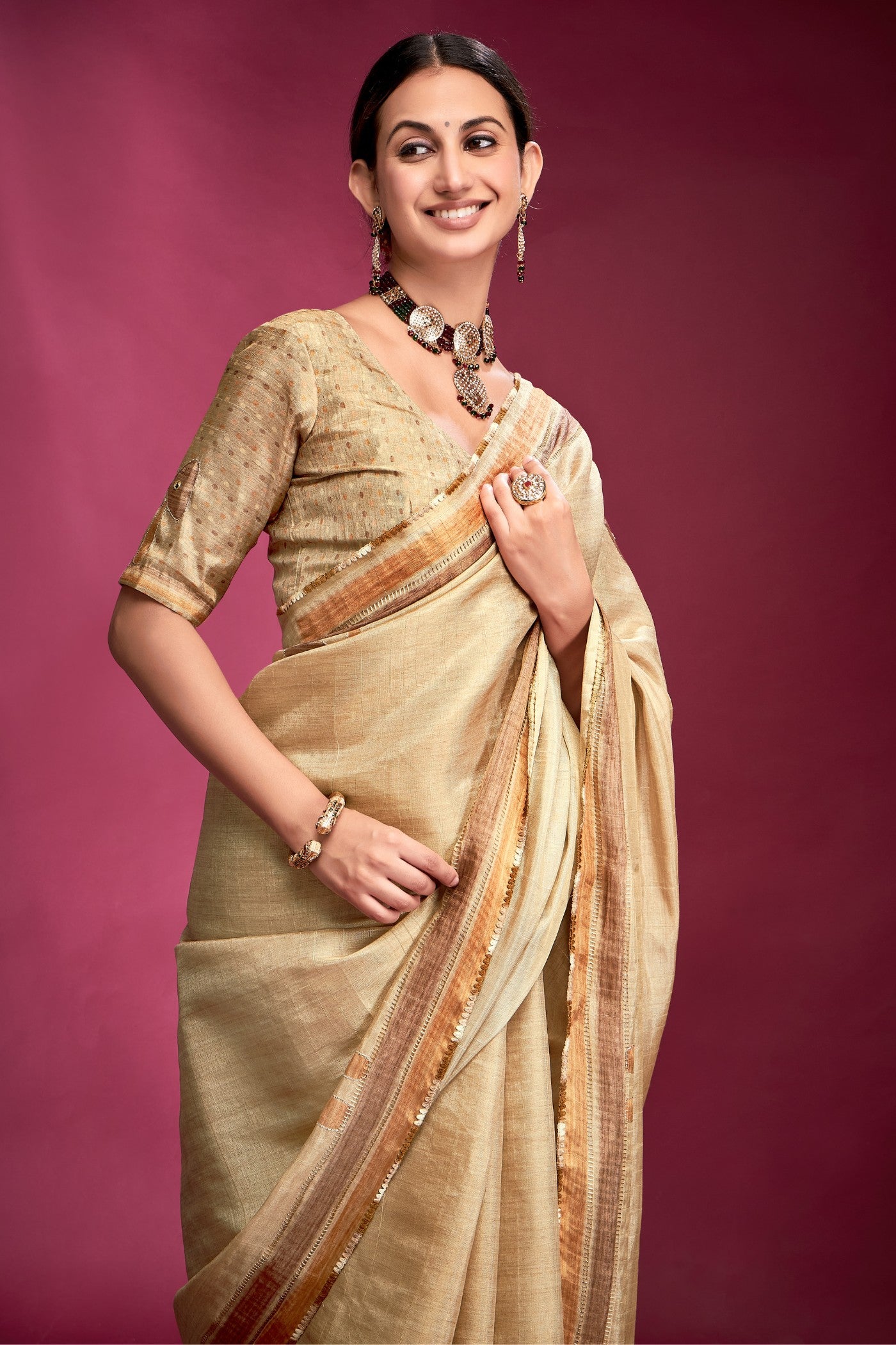 Buy MySilkLove Bright Cream Woven Tussar Silk Saree Online