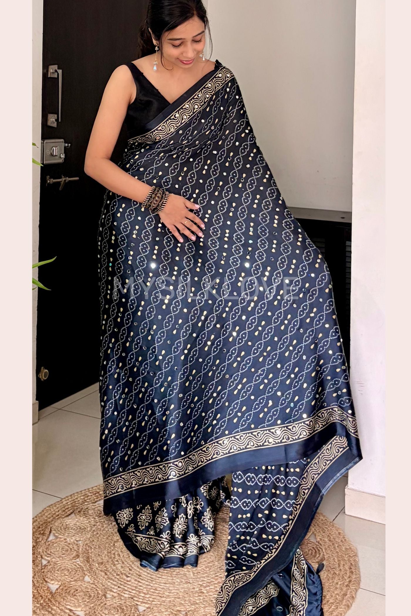 Buy MySilkLove Obsidian Black and Blue Ajrakh Satin Printed Mirror Work Saree Online