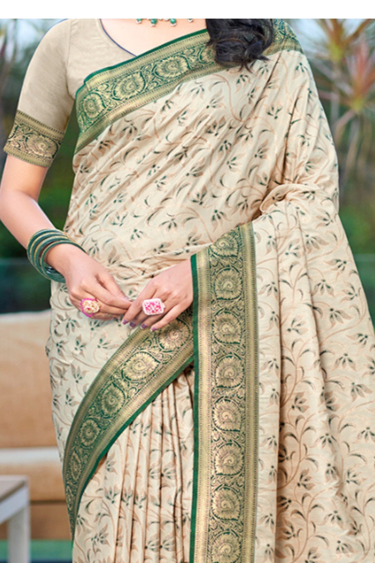 Buy MySilkLove Butter Cream and Green Woven Banarasi Saree Online