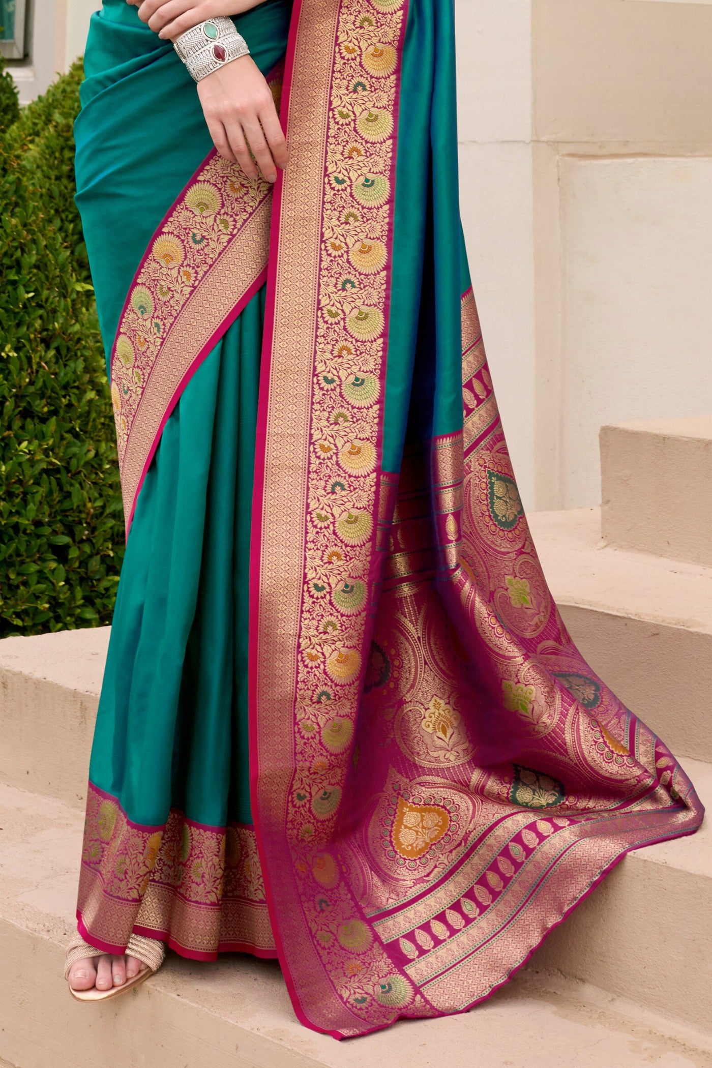 Buy MySilkLove Sea Blue Woven Banarasi Soft Silk Saree Online