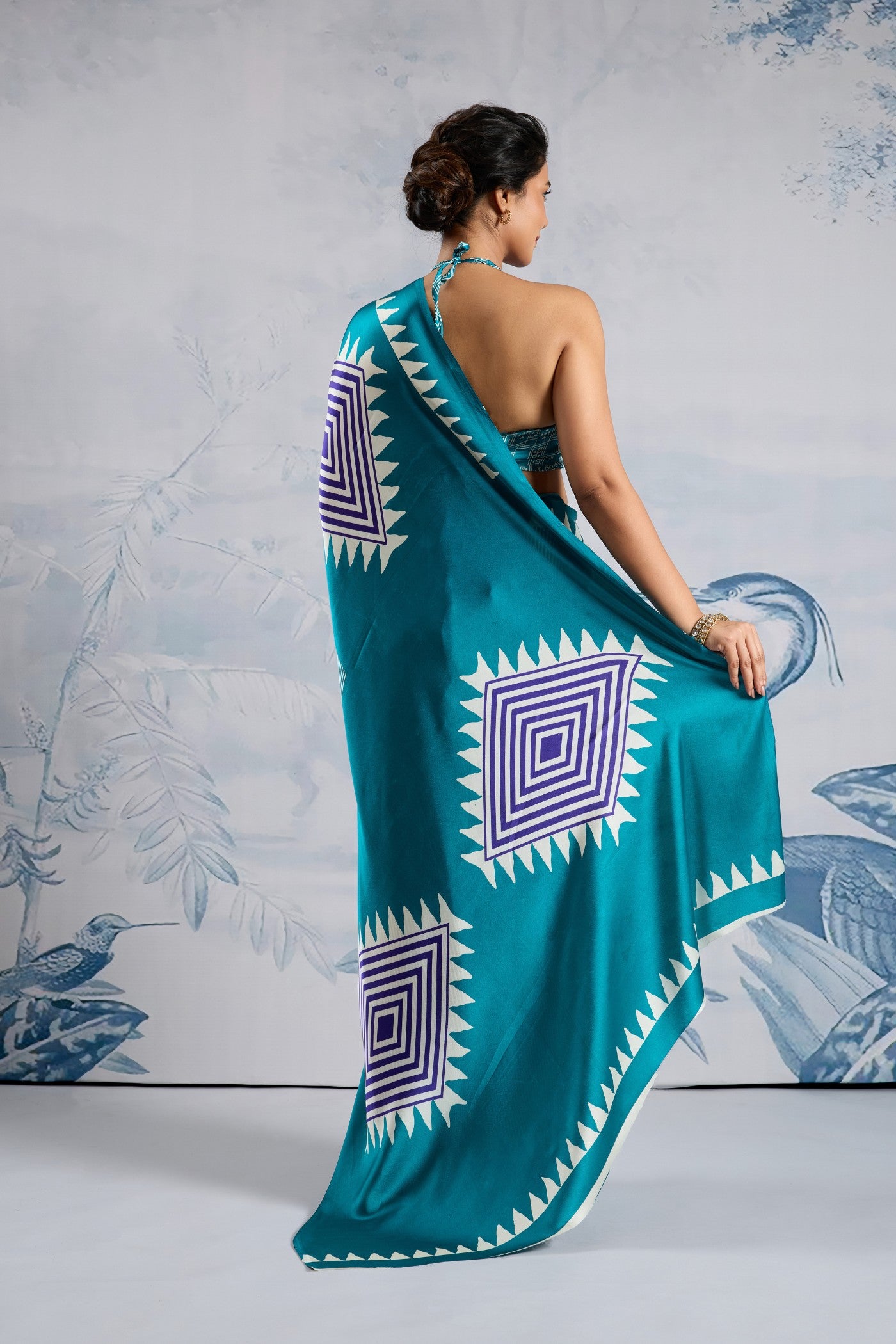 Buy MySilkLove Isla Blue Stripe Ajrakh Printed Satin Crepe Silk Saree Online