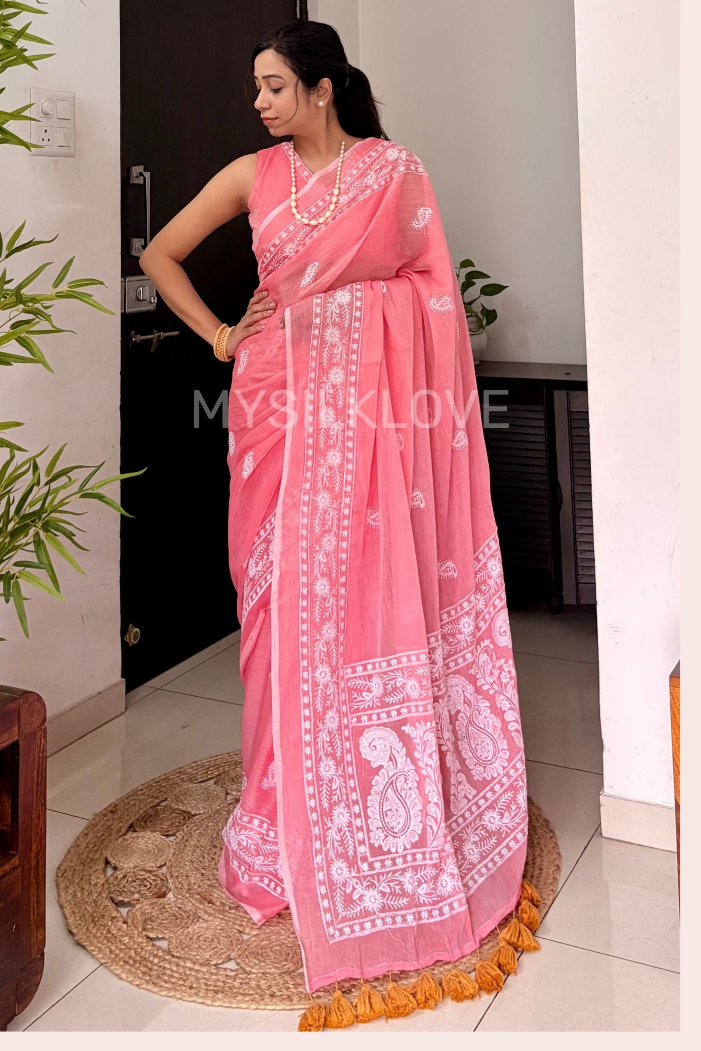 Buy MySilkLove Blossom Pink Handwoven Pure Mul Mul Cotton Chikankari Saree Online