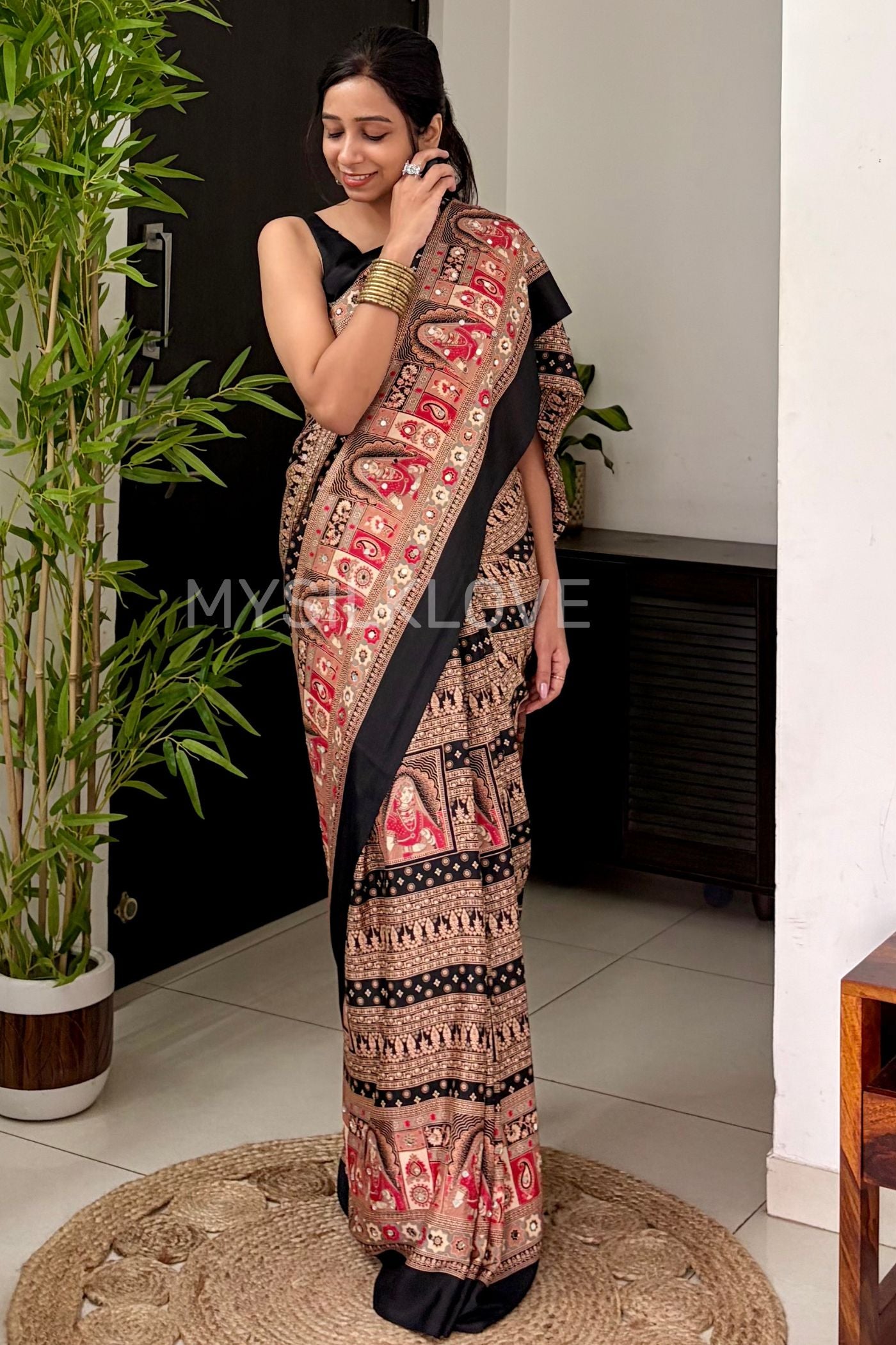 Buy MySilkLove Velvet Black Dulhan Print Satin Mirror Work Saree Online