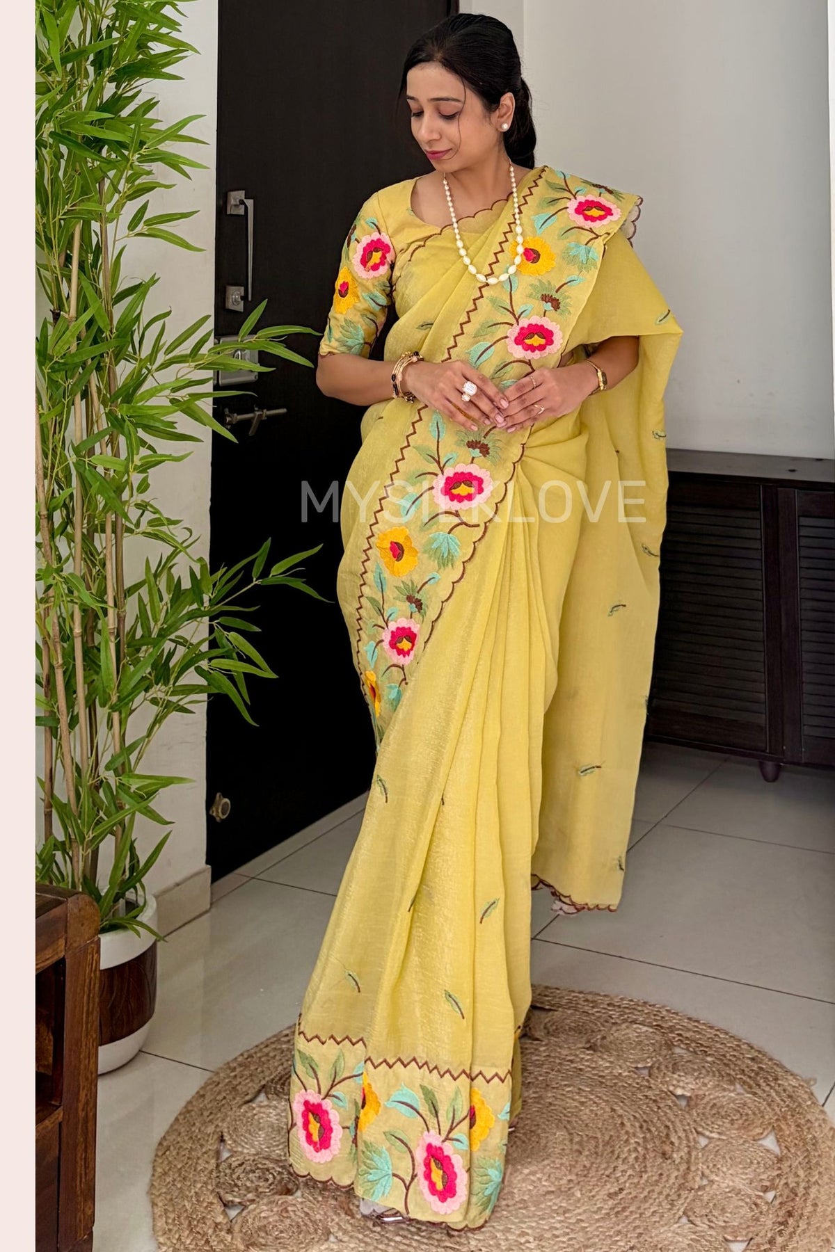 Buy MySilkLove Cornsilk Yellow Floral Embroidery Crunchy Chiffon Saree Online
