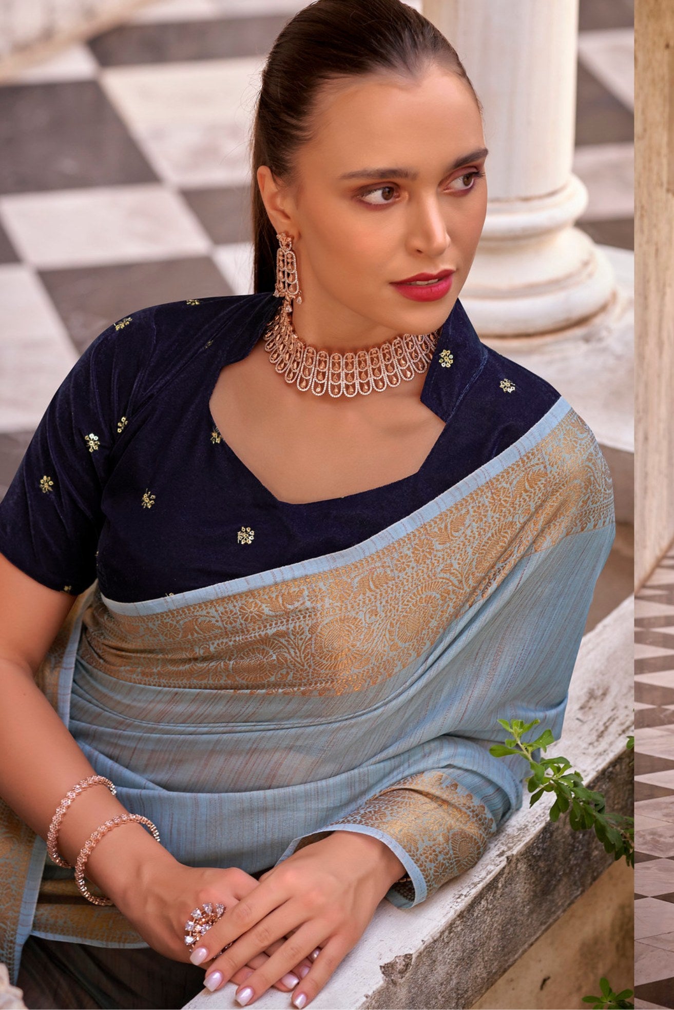 Buy MySilkLove Pale Sky Blue Zari Woven Linen Saree Online