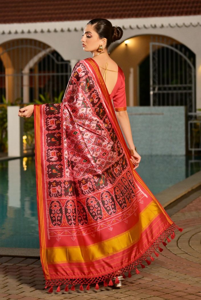 Buy MySilkLove Peony Pink Printed Patola Soft Silk Saree Online