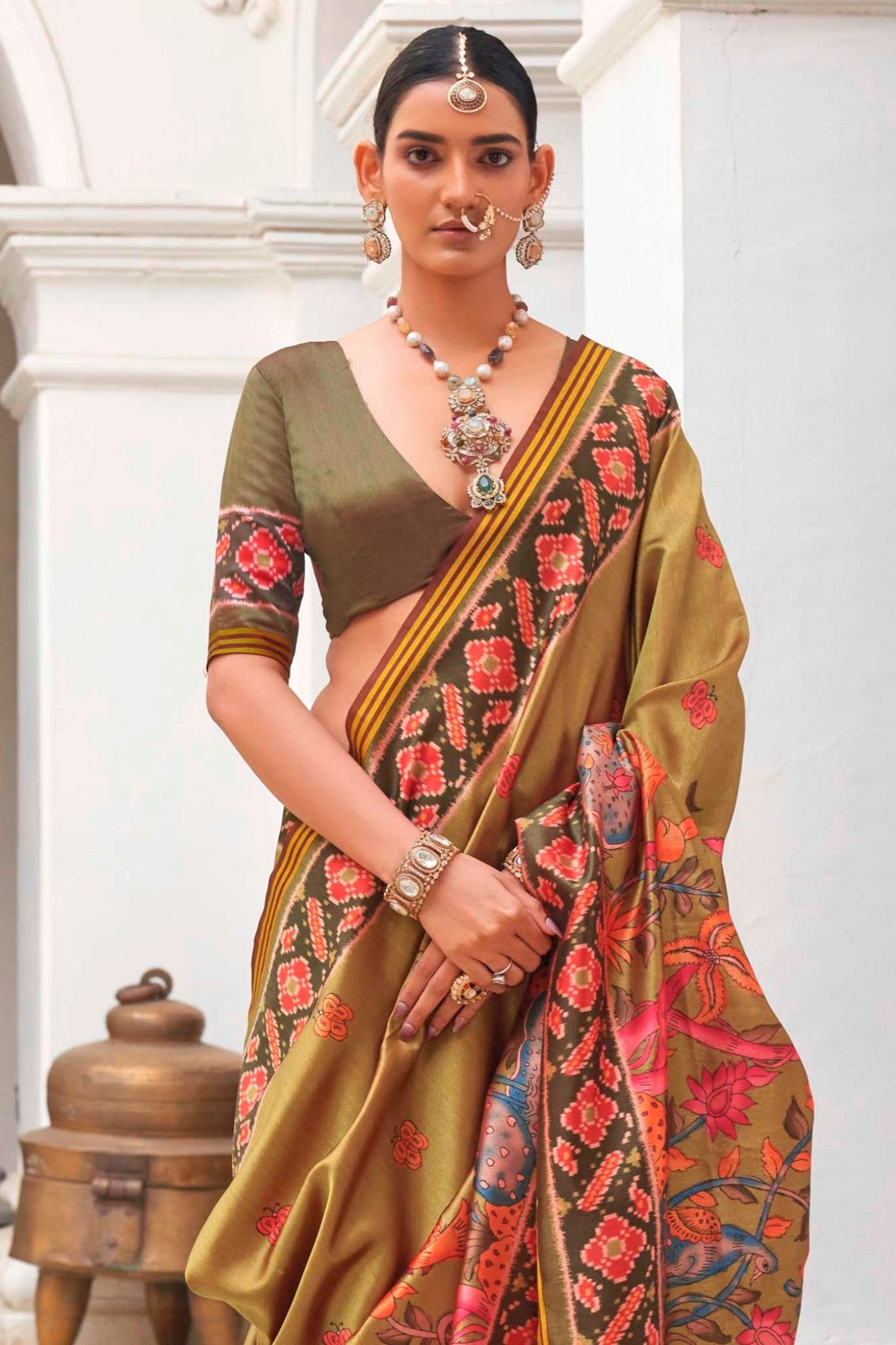 Buy MySilkLove Olive Green Printed Patola Saree Online