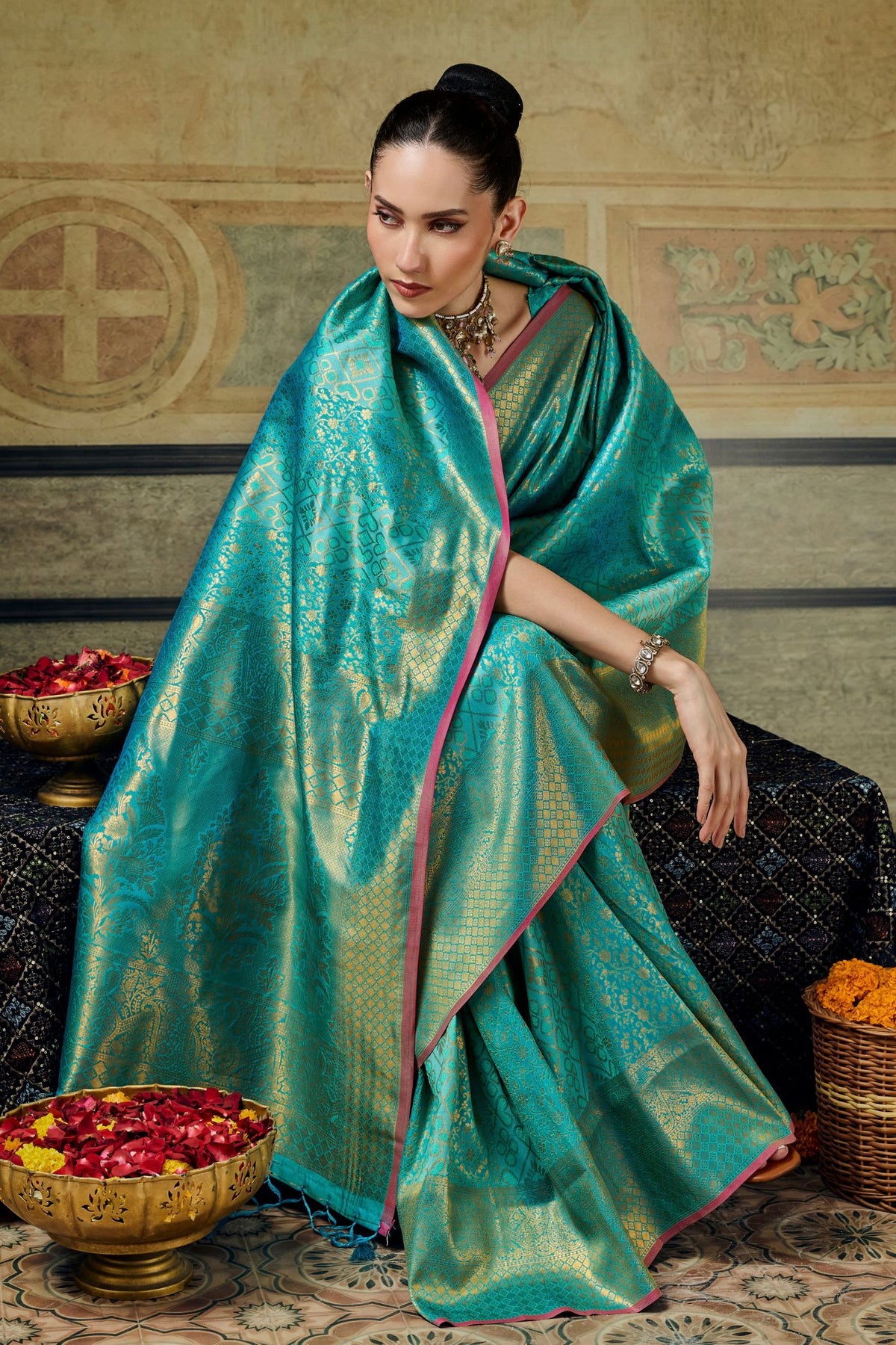 Buy MySilkLove Teal Blue Kanjivaram Handloom Saree Online