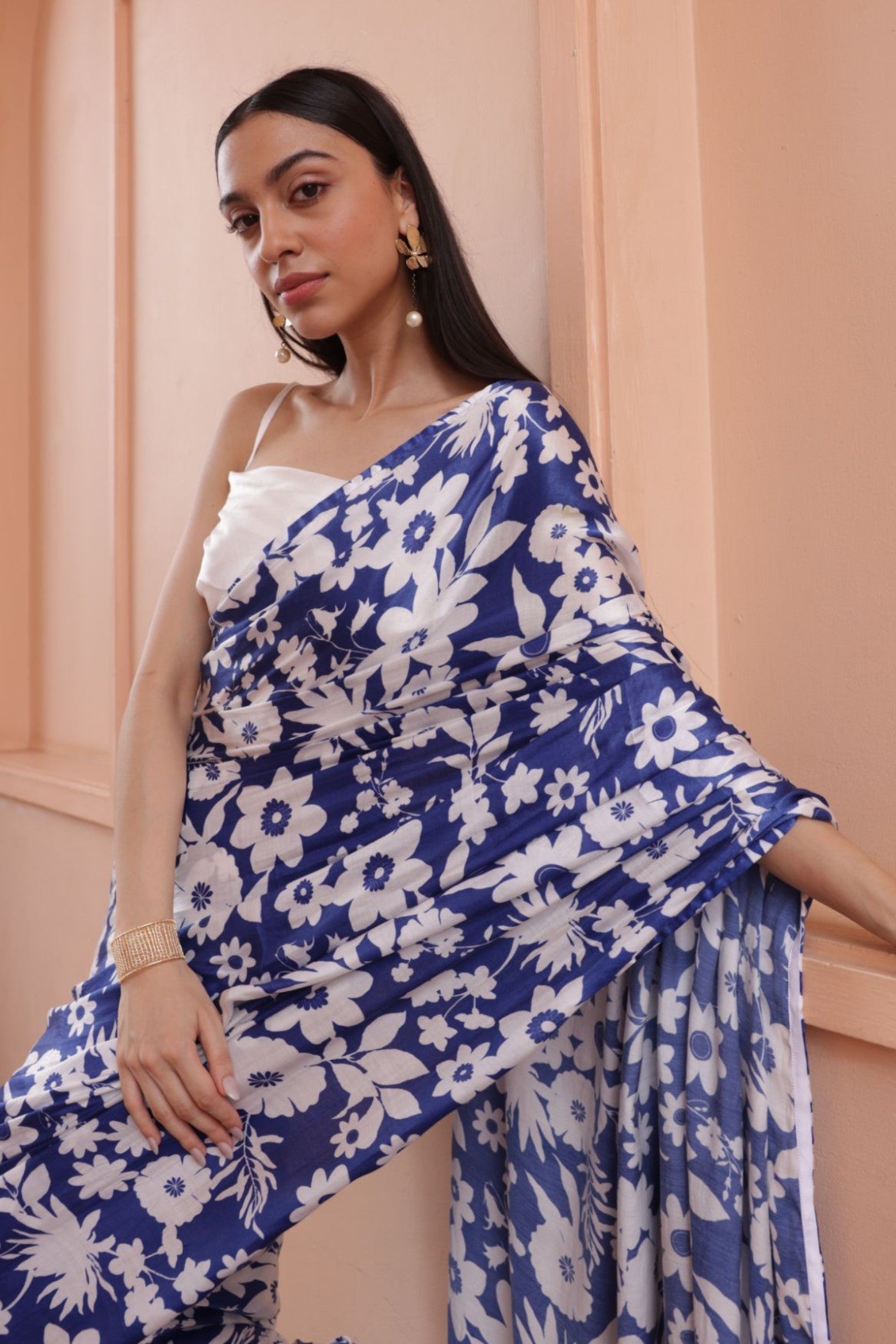 MySilkLove Classic Blue and White Floral Printed Satin Silk Saree