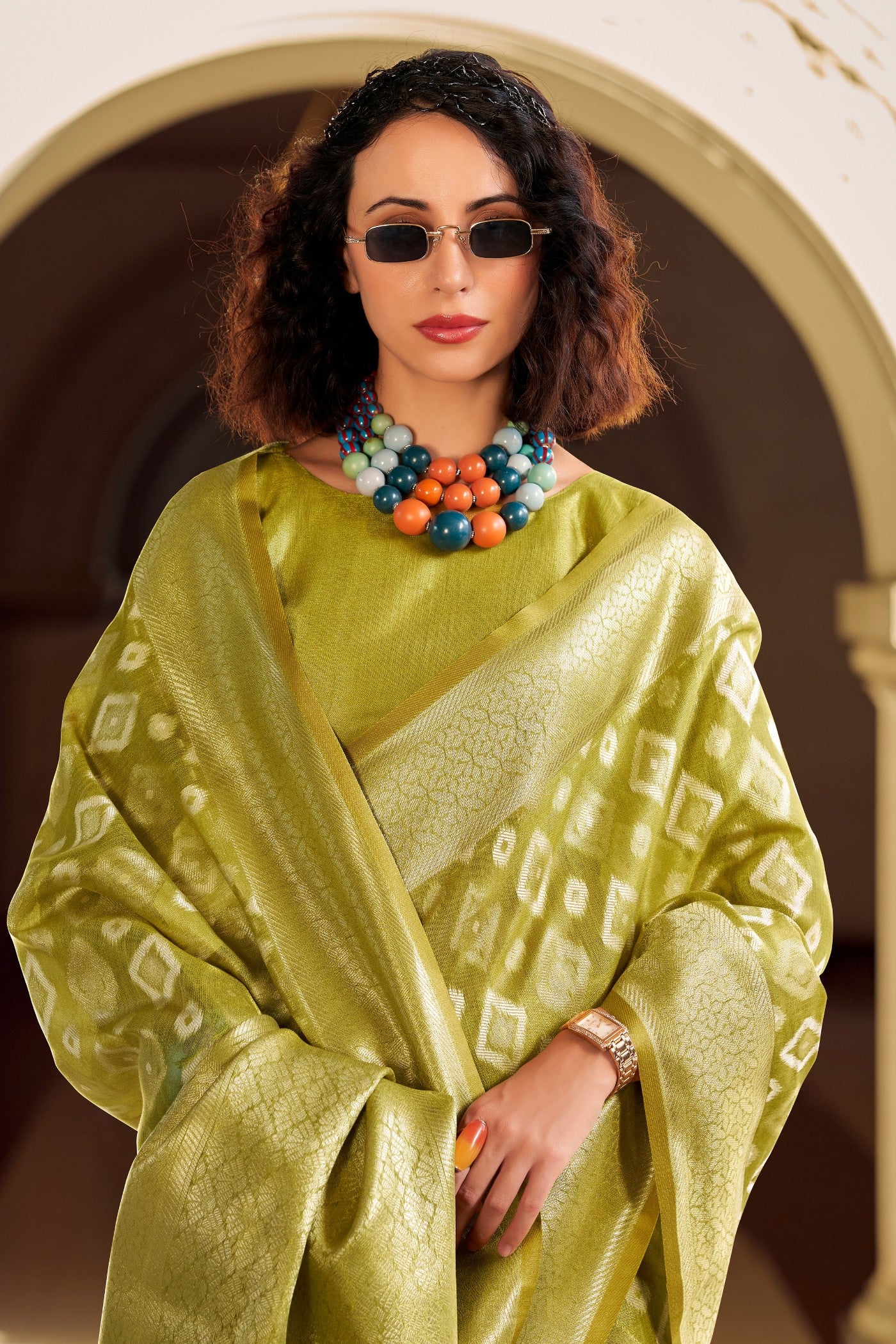 MySilkLove Pesto Green Tissue Silk Saree