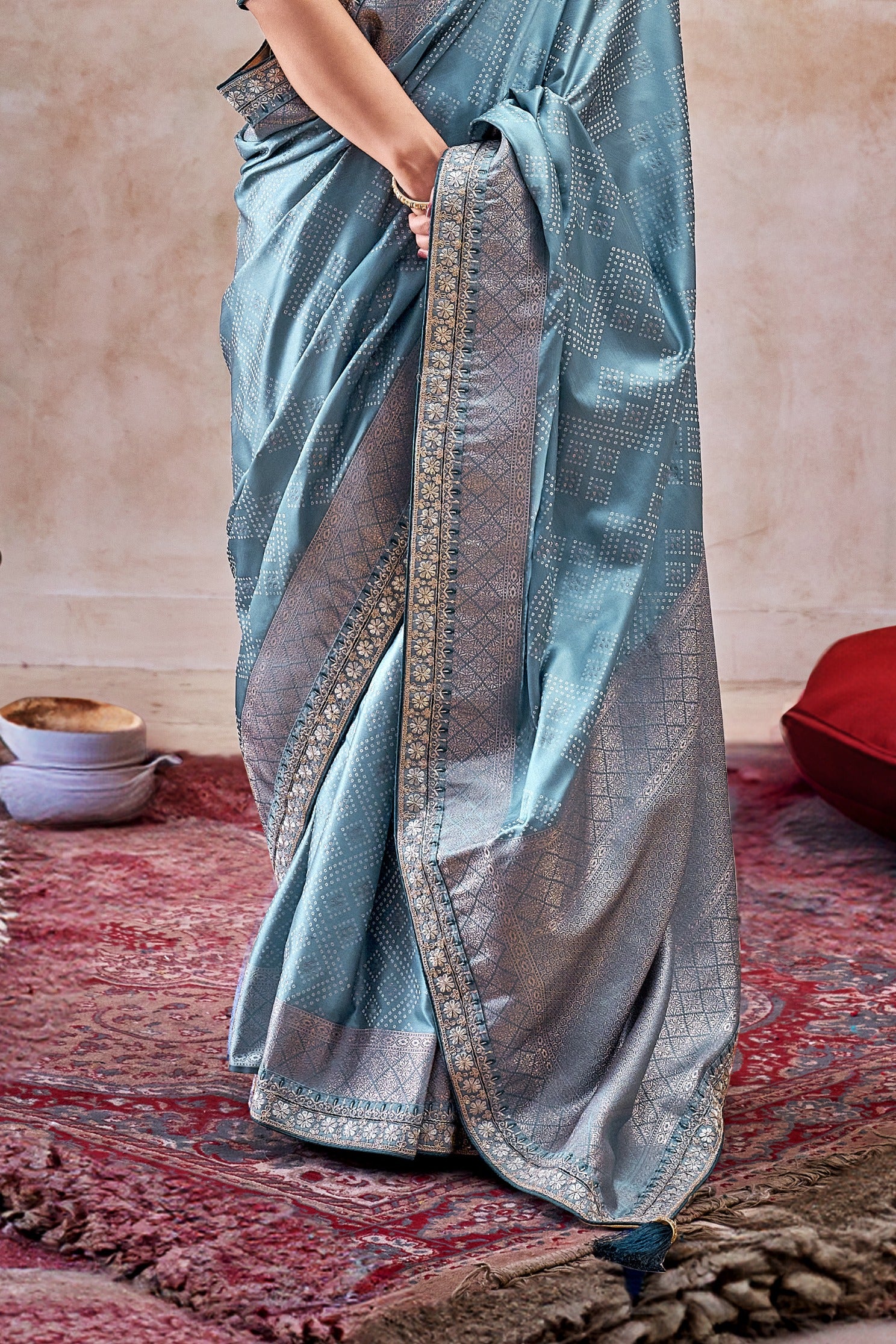 Buy MySilkLove Pearl Blue Embroidered Satin Silk Saree Online