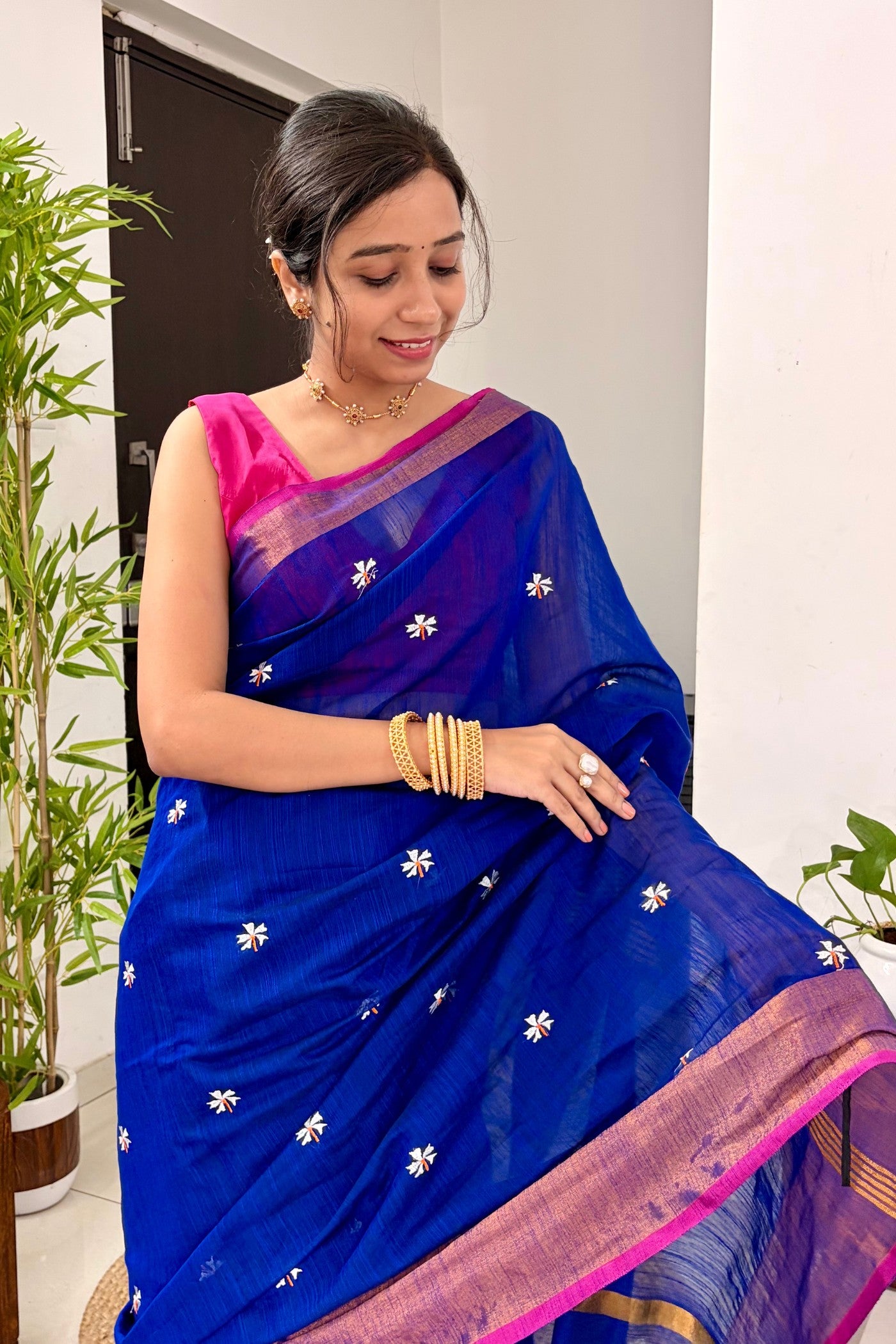 Buy MySilkLove Havelock Blue Handloom Cotton Prajakta Flower Butti Saree Online