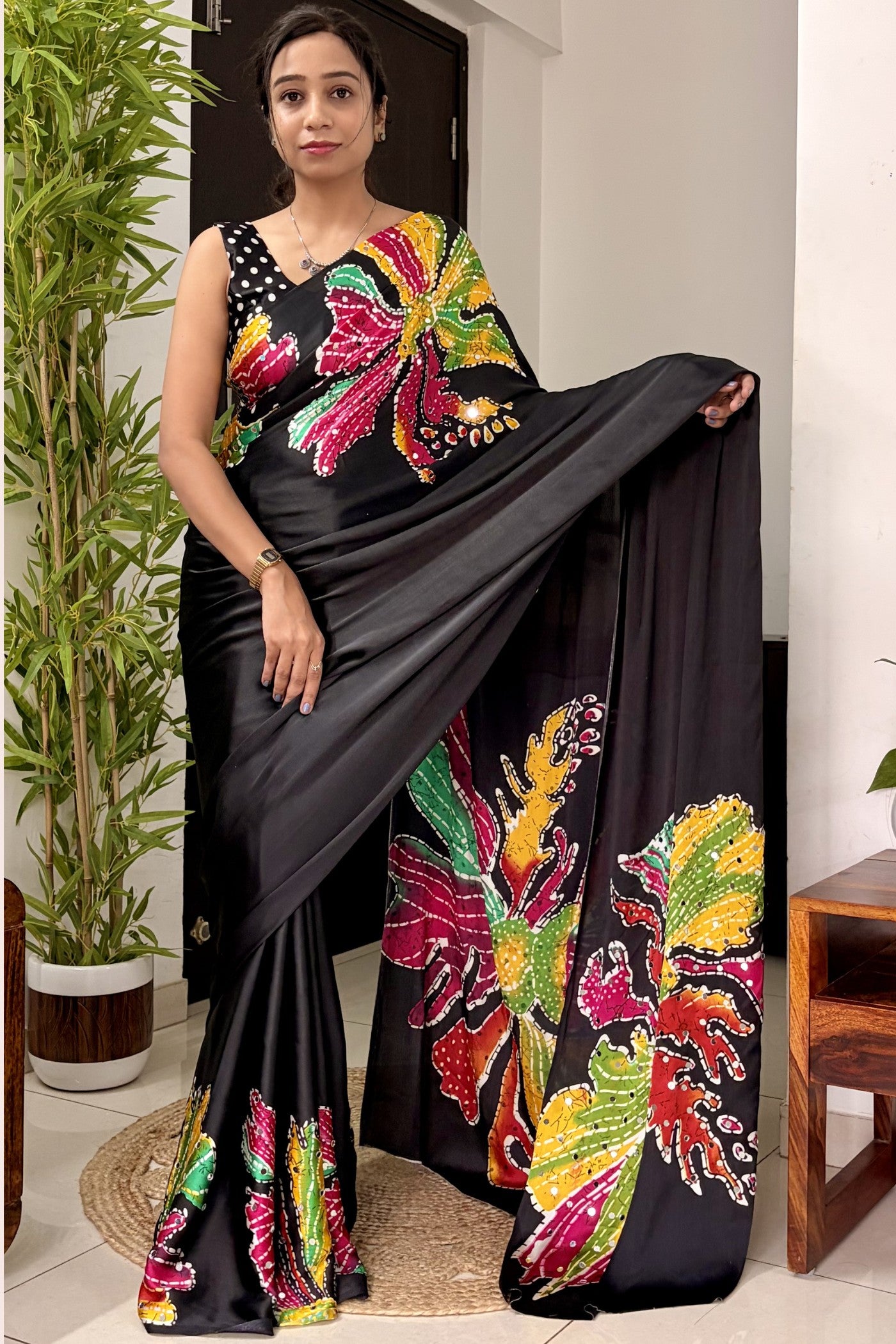 Buy MySilkLove Midnight Black Bloom Floral Mirror Work Satin Silk Saree Online