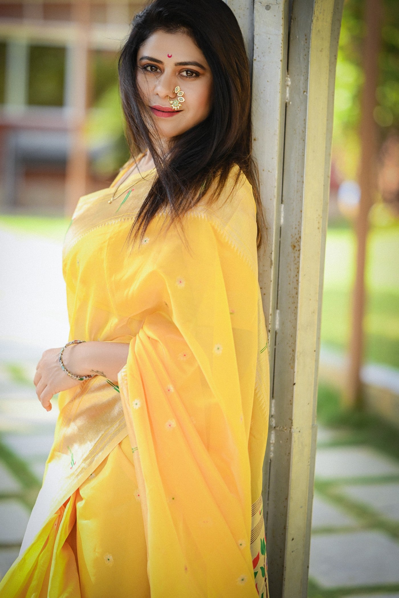 Buy MySilkLove Bumblebee Yellow Organza Woven Paithani Saree Online