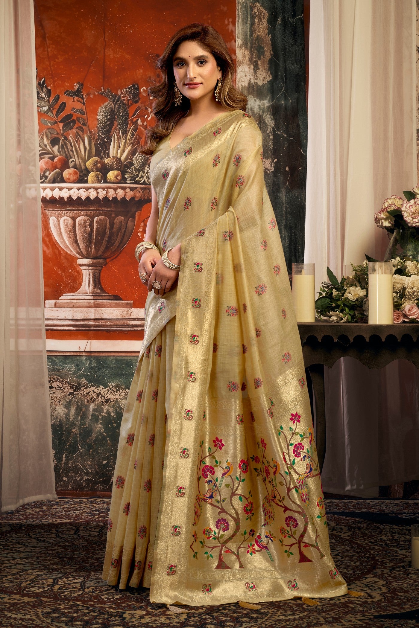 Buy MySilkLove Bone Cream Zari Woven Paithani Saree Online