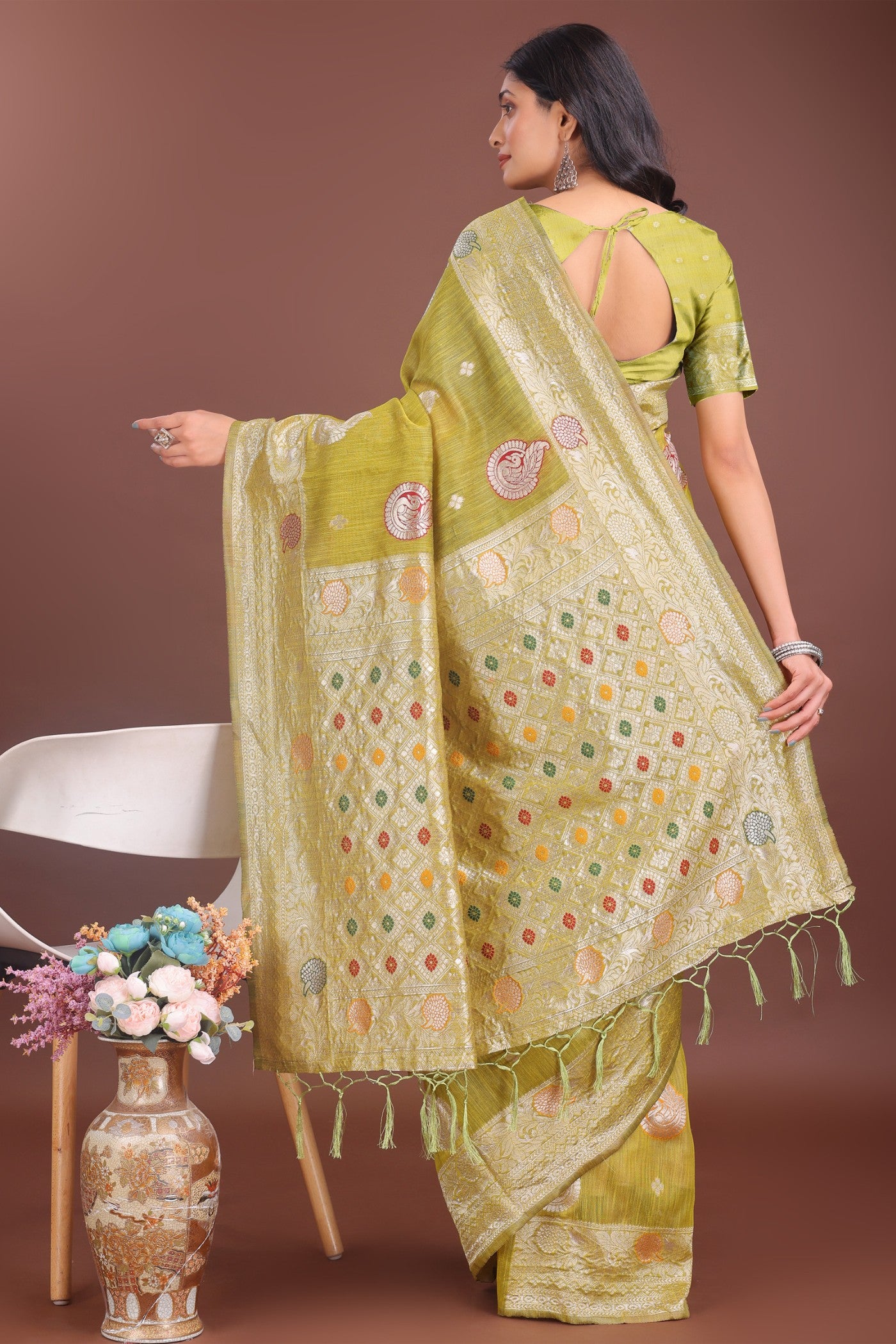 Buy MySilkLove Slime Green Linen Cotton Saree Online